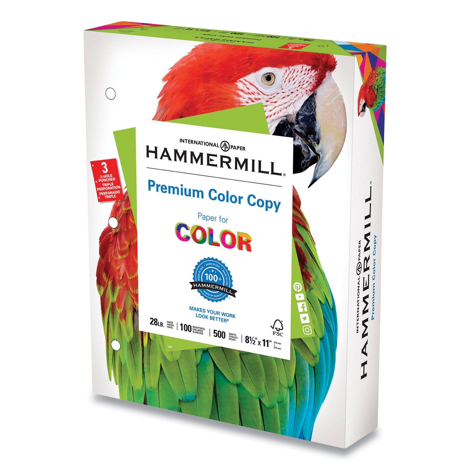 Hammermill® Premium Color Copy Print Paper, 100 Bright, 3-Hole, 28 lb Bond Weight, 8.5 x 11, Photo White, 500 Sheets/Ream, 8 Reams/Carton