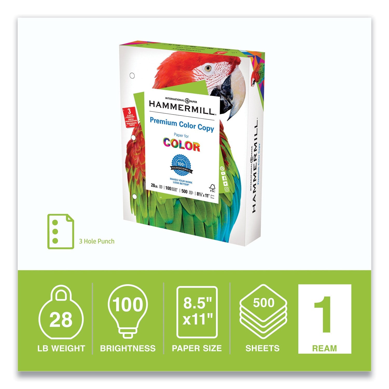 Hammermill® Premium Color Copy Print Paper, 100 Bright, 3-Hole, 28 lb Bond Weight, 8.5 x 11, Photo White, 500 Sheets/Ream, 8 Reams/Carton
