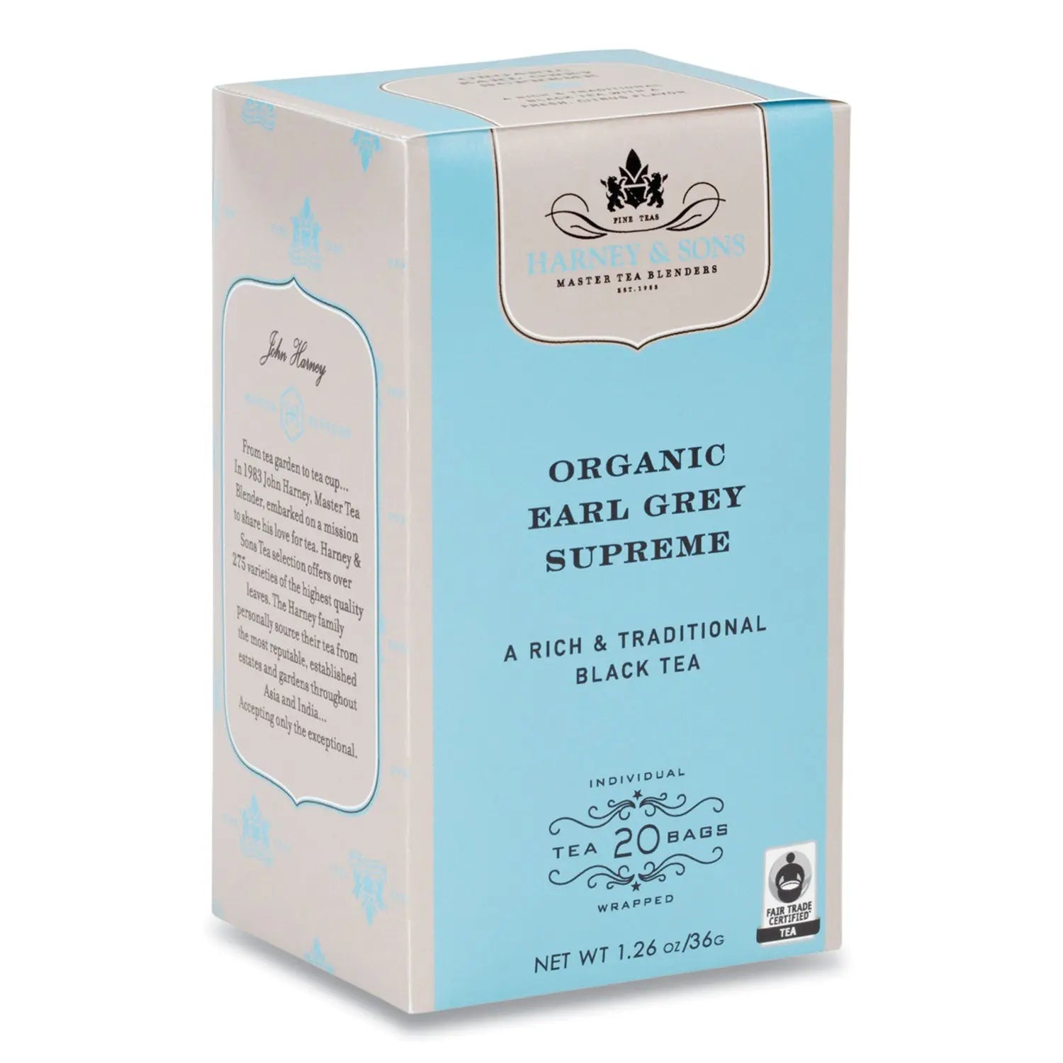 Harney & Sons Premium Tea, Organic Earl Grey Supreme Black Tea, Individually Wrapped Tea Bags, 20/box