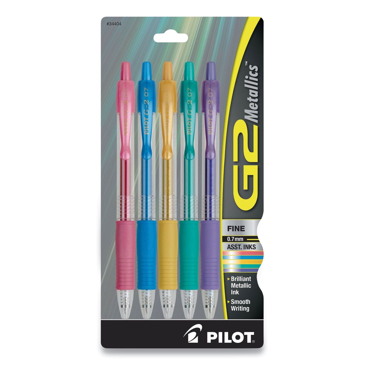 Pilot® G2 Metallics Gel Pen, Retractable, Fine 0.7 mm, Assorted Metallic Ink and Barrel Colors, 5/Pack