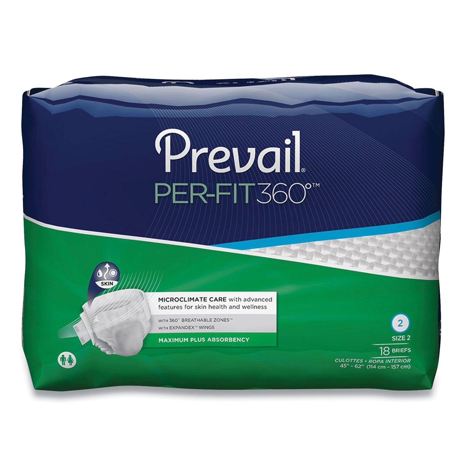 Prevail® Per-Fit360 Degree Briefs, Maximum Plus Absorbency, Size 2, 45" To 62" Waist, 72/carton