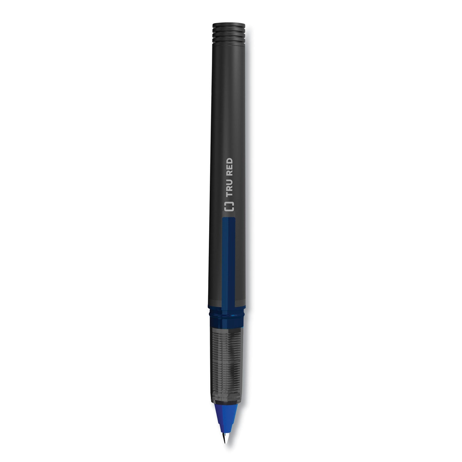 TRU RED™ Rollerball Pen, Stick, Fine 0.5 mm, Blue Ink, Black/Blue/Clear Barrel, Dozen