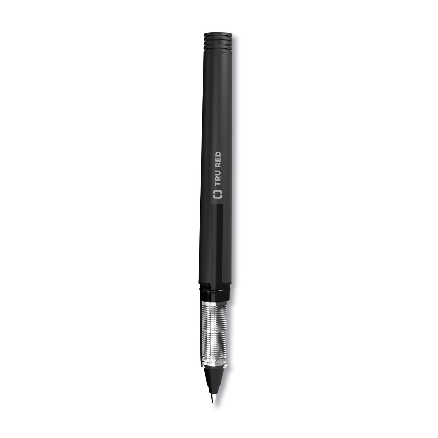TRU RED™ Rollerball Pen, Stick, Fine 0.5 mm, Black Ink, Black/Clear Barrel, Dozen