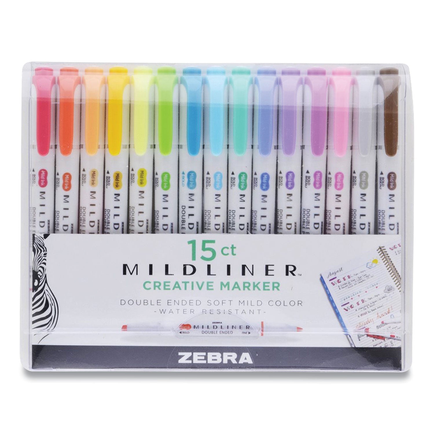 Zebra® Mildliner Double Ended Highlighter, Assorted Ink Colors, Bold-Chisel/Fine-Bullet Tips, Assorted Barrel Colors, 15/Pack