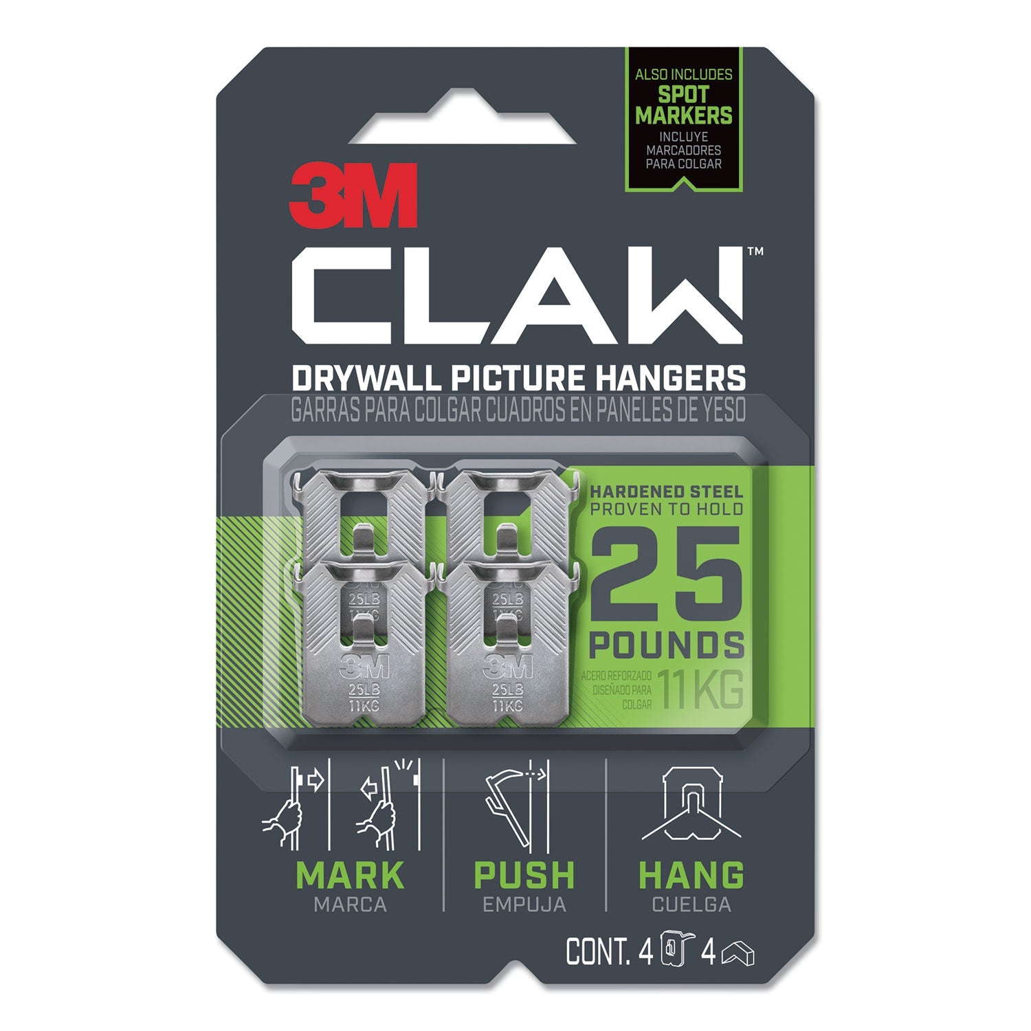 3M™ Claw Drywall Picture Hanger, Stainless Steel, 25 lb Capacity, 4 Hooks and 4 Spot Markers,