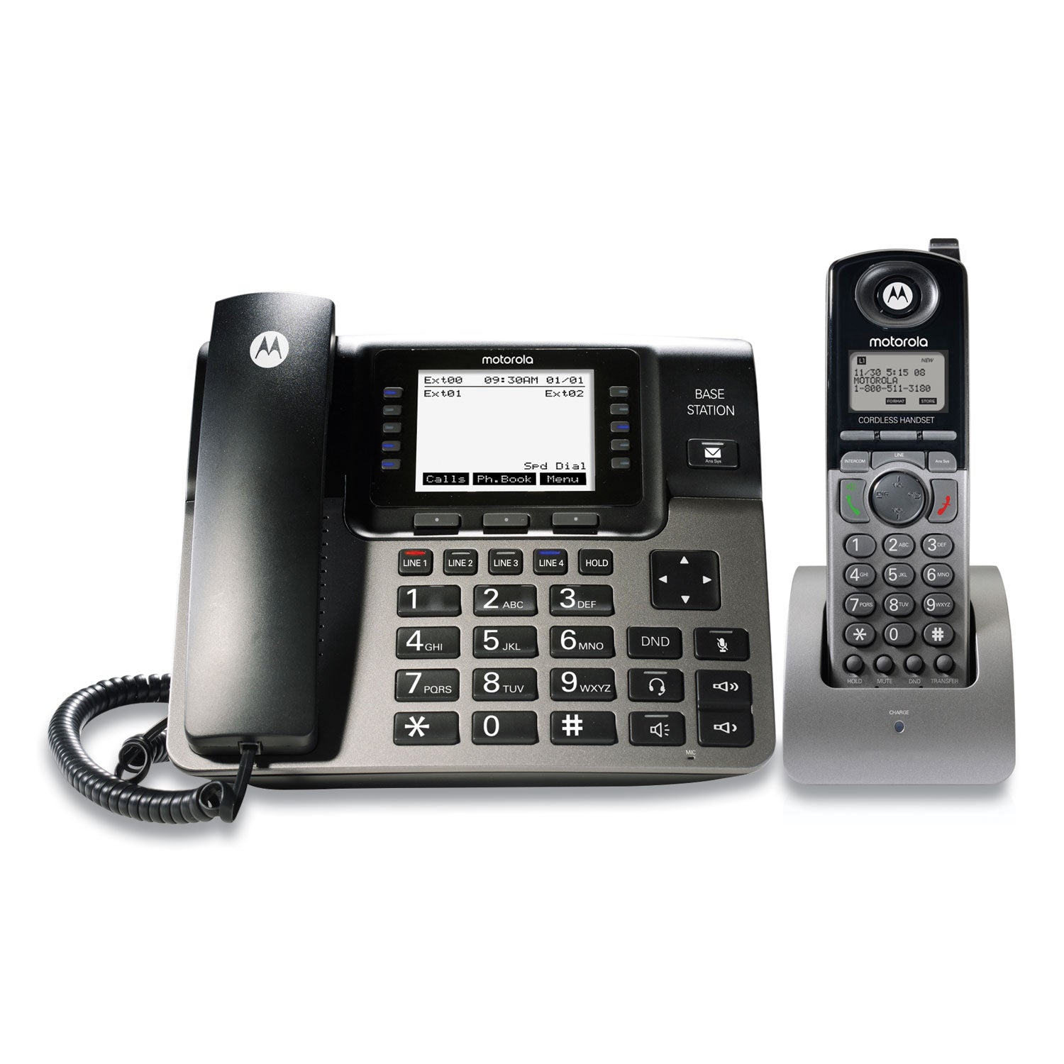 Motorola ml1250 4 line corded/cordless phone system, 1 handset, black/silver