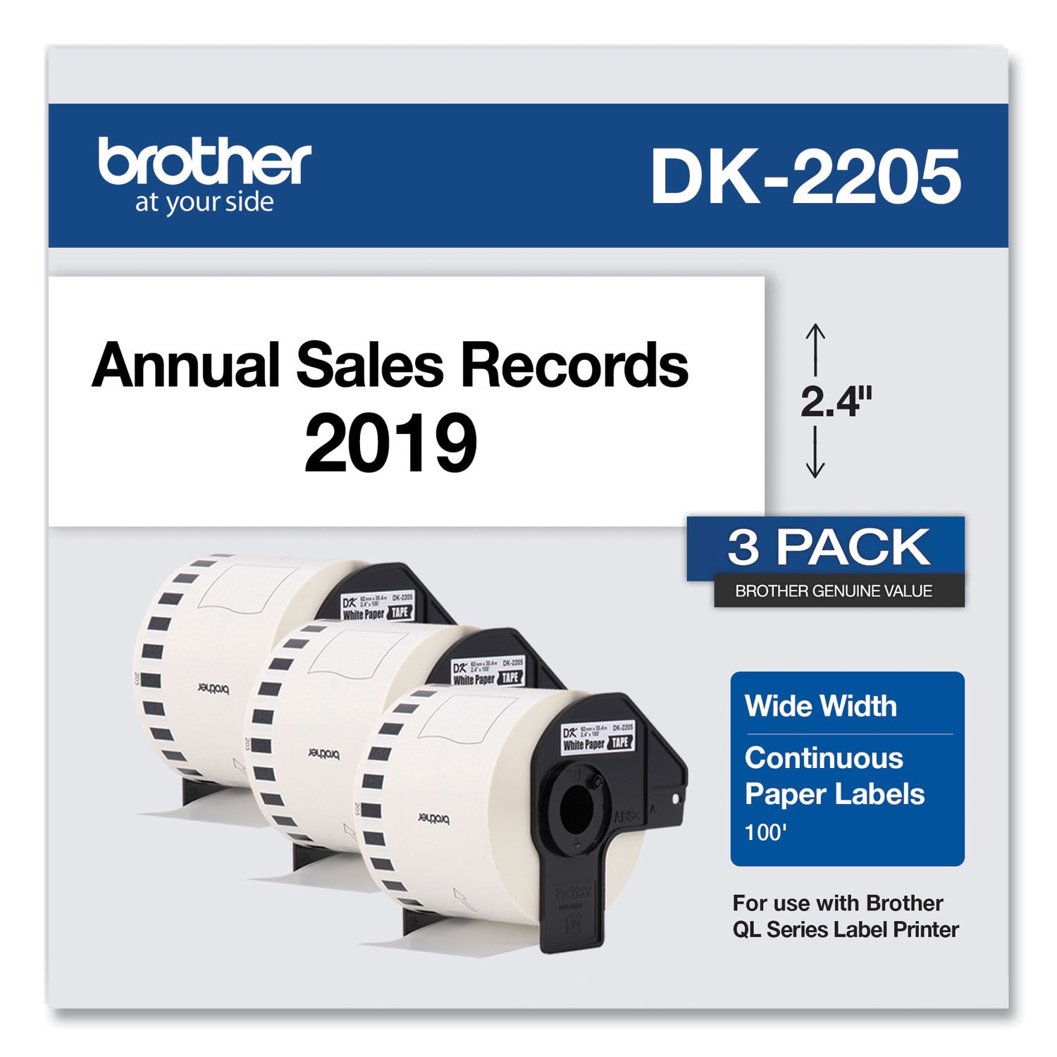 Brother Continuous Paper Label Tape, 2.4" X 100 Ft, White, 3 Rolls/pack
