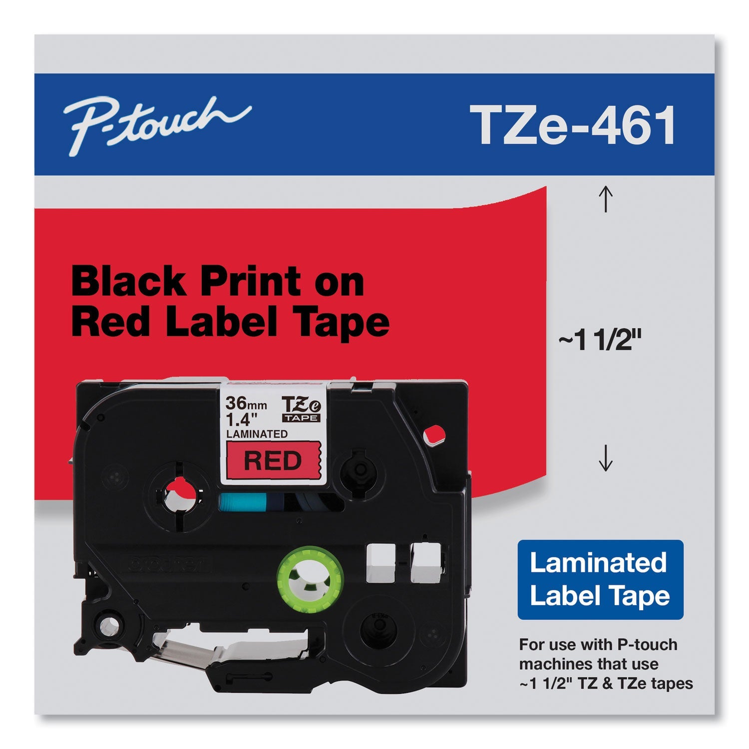 Brother P-Touch® Tze Standard Adhesive Laminated Labeling Tape, 1.4" X 26.2 Ft, Black On Red