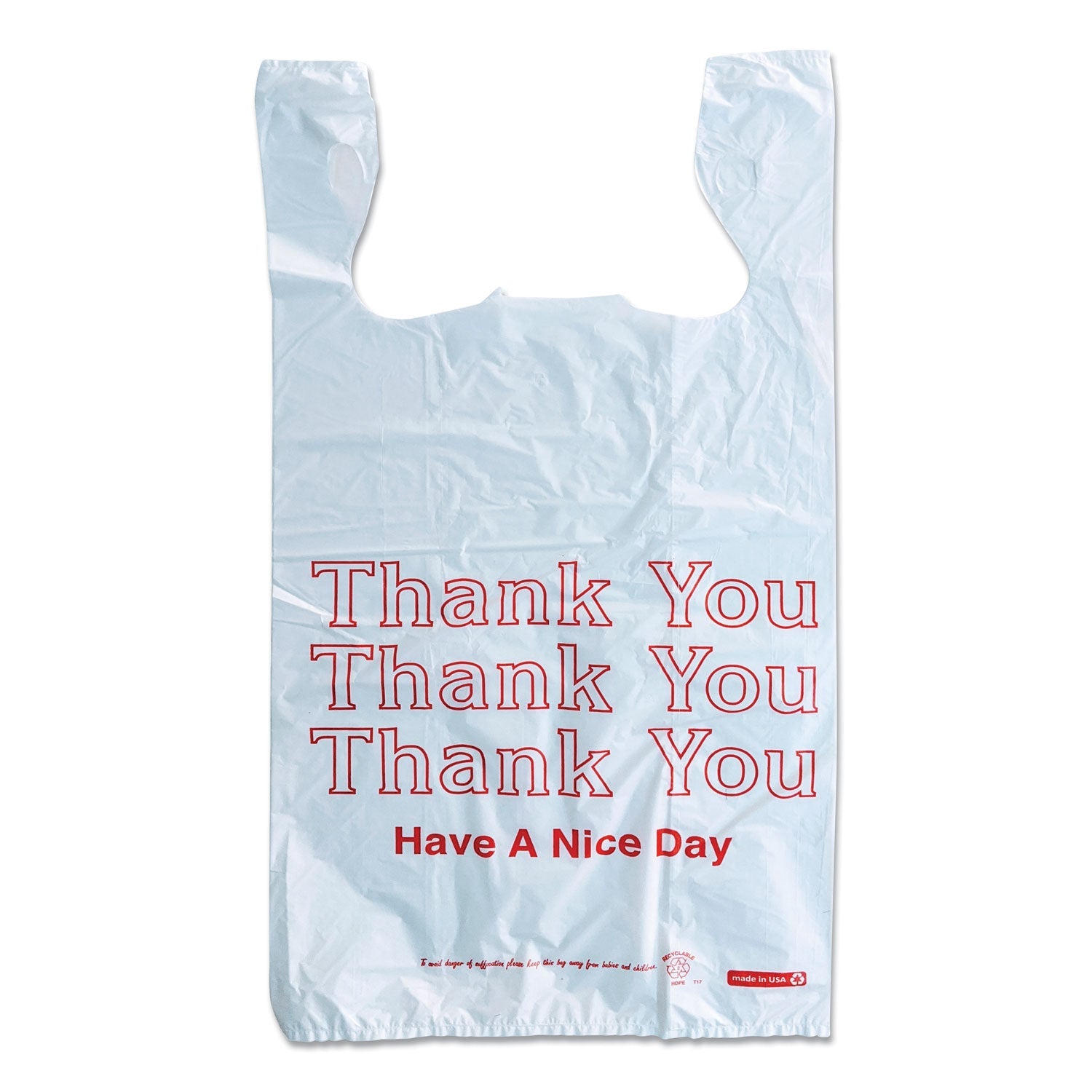 Monarch® Plastic "Thank You - Have a Nice Day" Shopping Bags, Cut-Out Handles, 11.5" x 6.5" x 22", White/Red, 250/Box