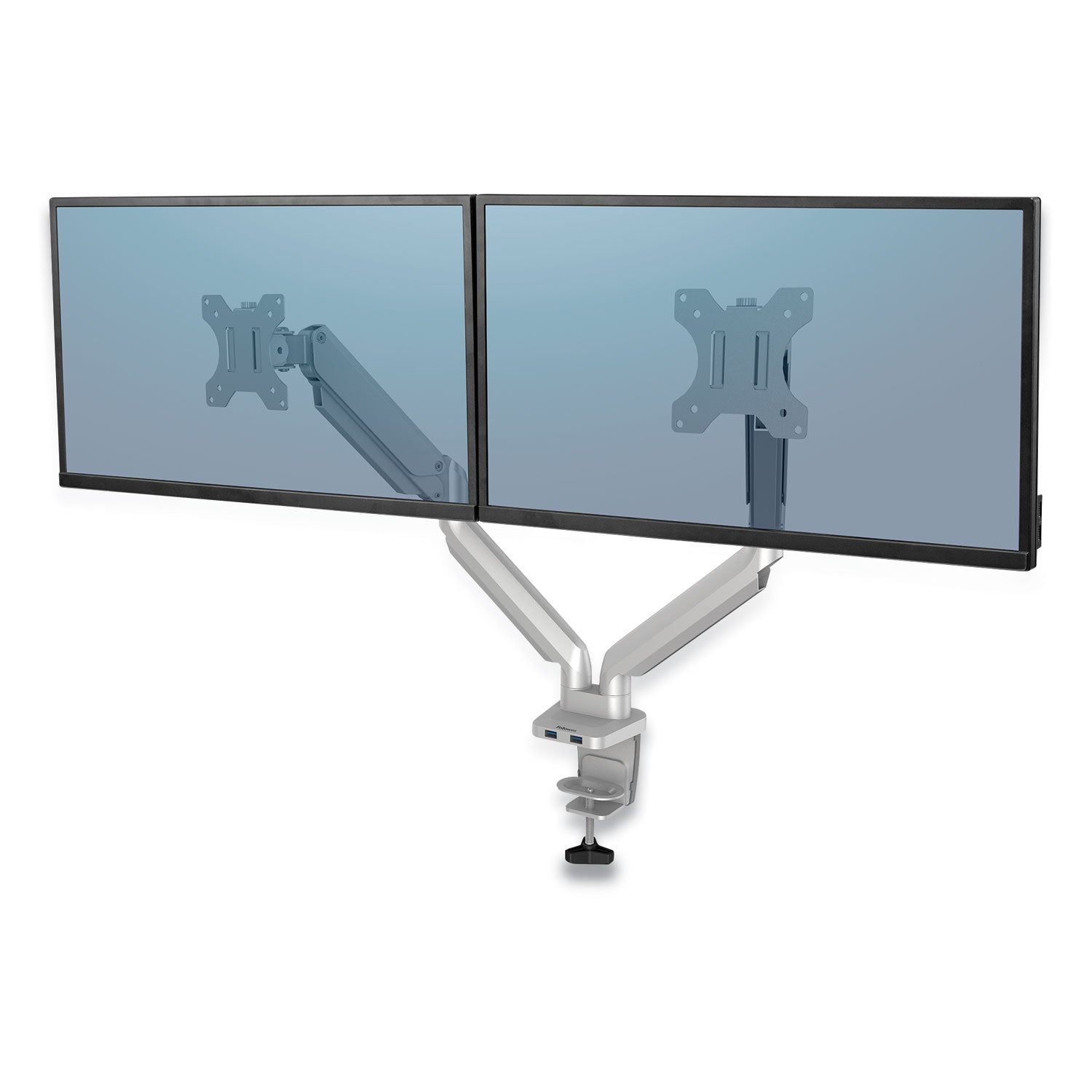 Fellowes® Platinum Series Dual Monitor Arm, For 27" Monitors, 360 Deg Rotation, 45 Deg Tilt, 180 Deg Pan, Silver, Supports 20 Lb