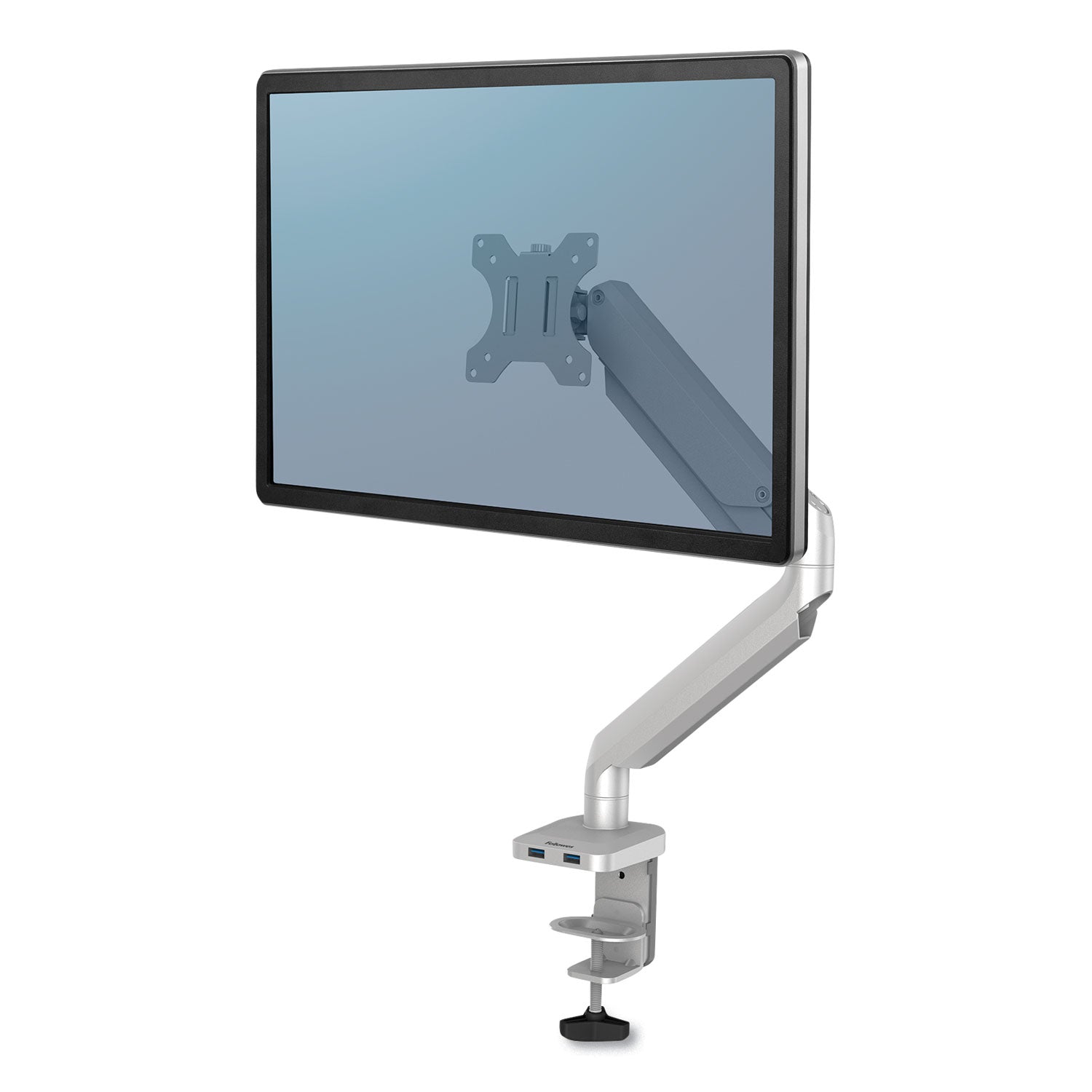 Fellowes® Platinum Series Single Monitor Arm, For 27" Monitors, 360 Deg Rotation, 45 Deg Tilt, 180 Deg Pan, Silver, Supports 20 Lb