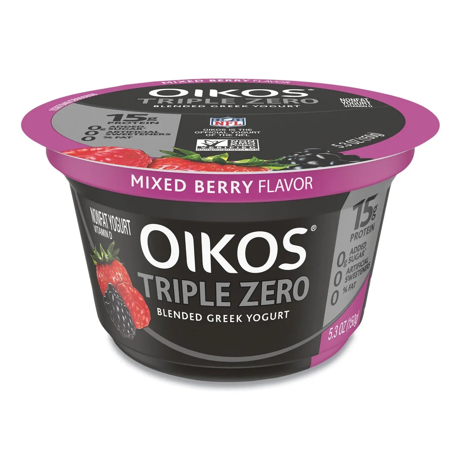 OIKOS® Triple Zero Blended Greek Nonfat Yogurt, 5.3 oz, Strawberry/Mixed Berry/Vanilla, 18/Carton - Bloom Skins