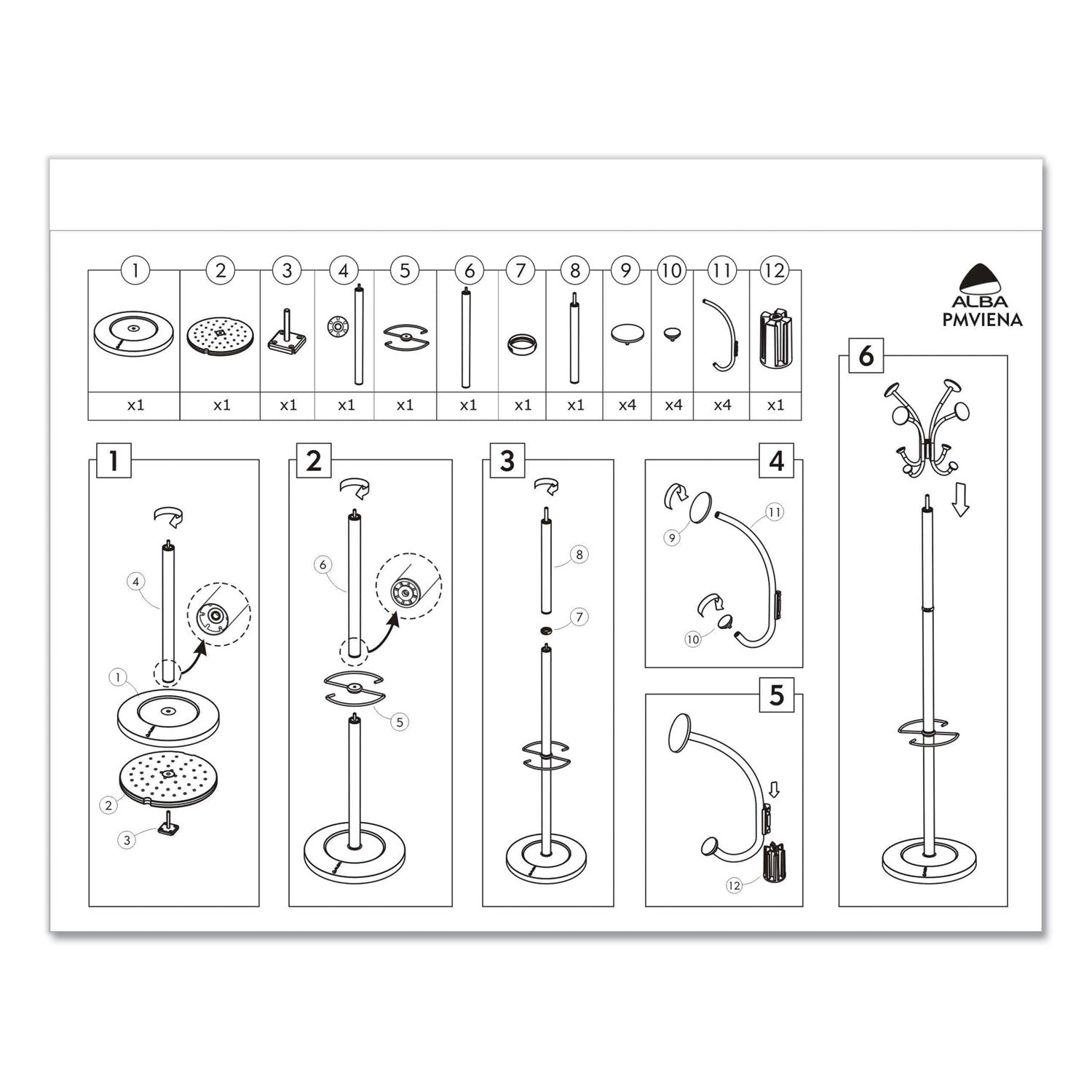 Alba™ Viena Coat Stand, Eight Knobs, Steel, 16w X 16d X 70.5h, Black