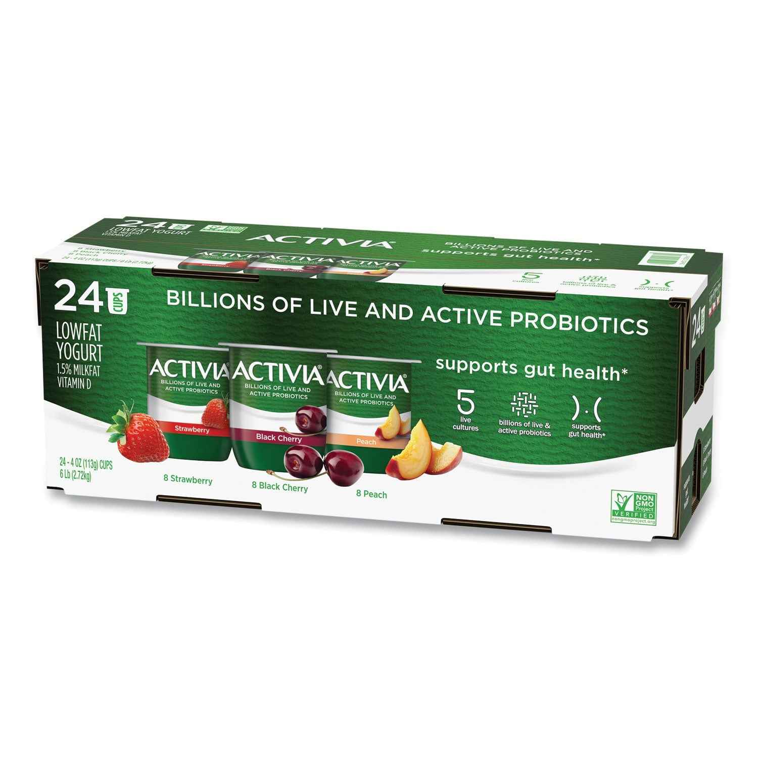 Activia® Probiotic Lowfat Yogurt, 4 oz Cups, Black Cherry/Peach/Strawberry, 24/Pack