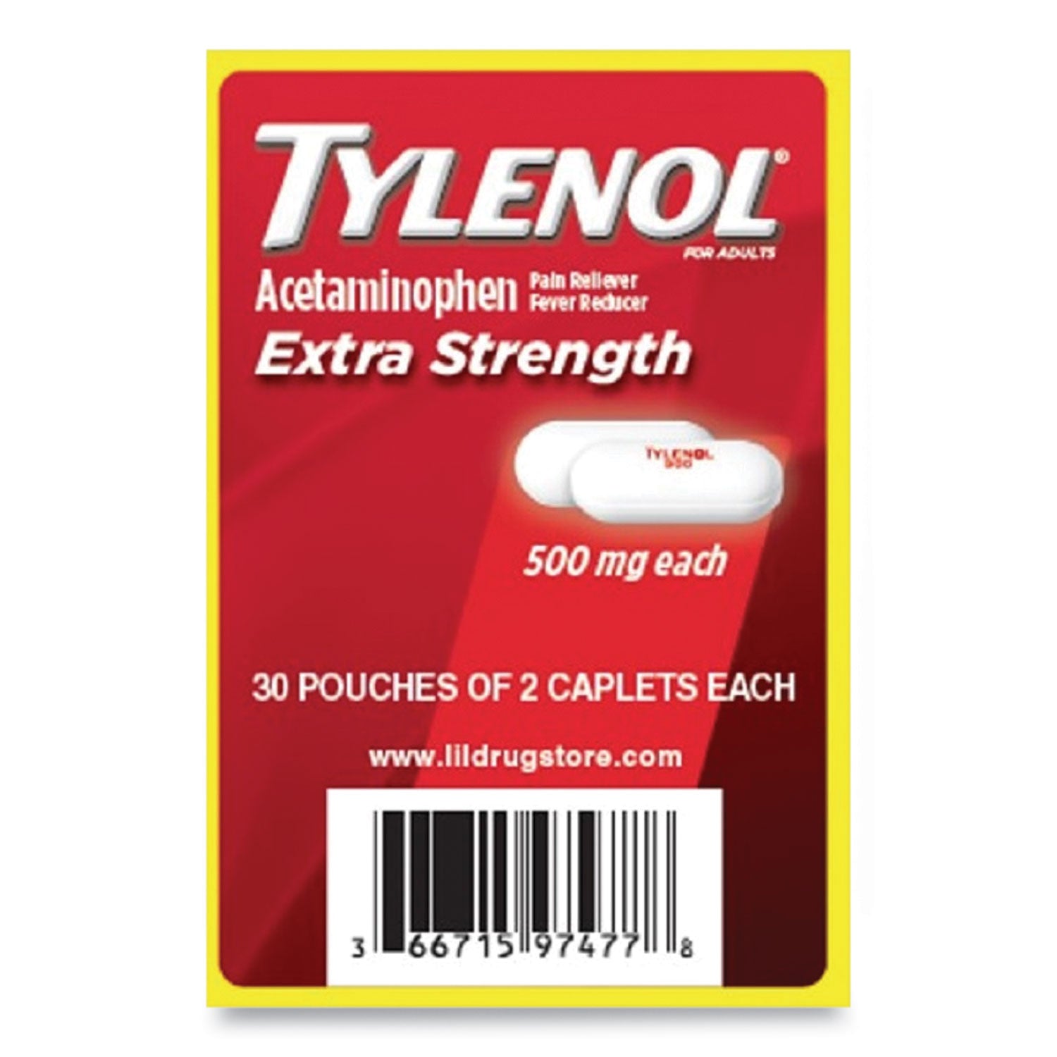 Tylenol® Acetaminophen, 500mg, Extra Strength Caplets, Refill, 2 /Packet, 30 Packets/Box
