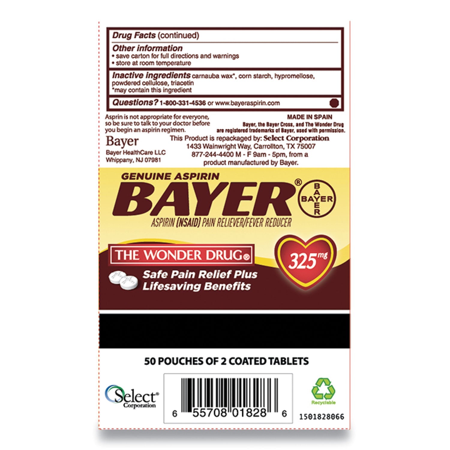 Bayer® Aspirin Tablets, Two-Pack, 50 Packs/box
