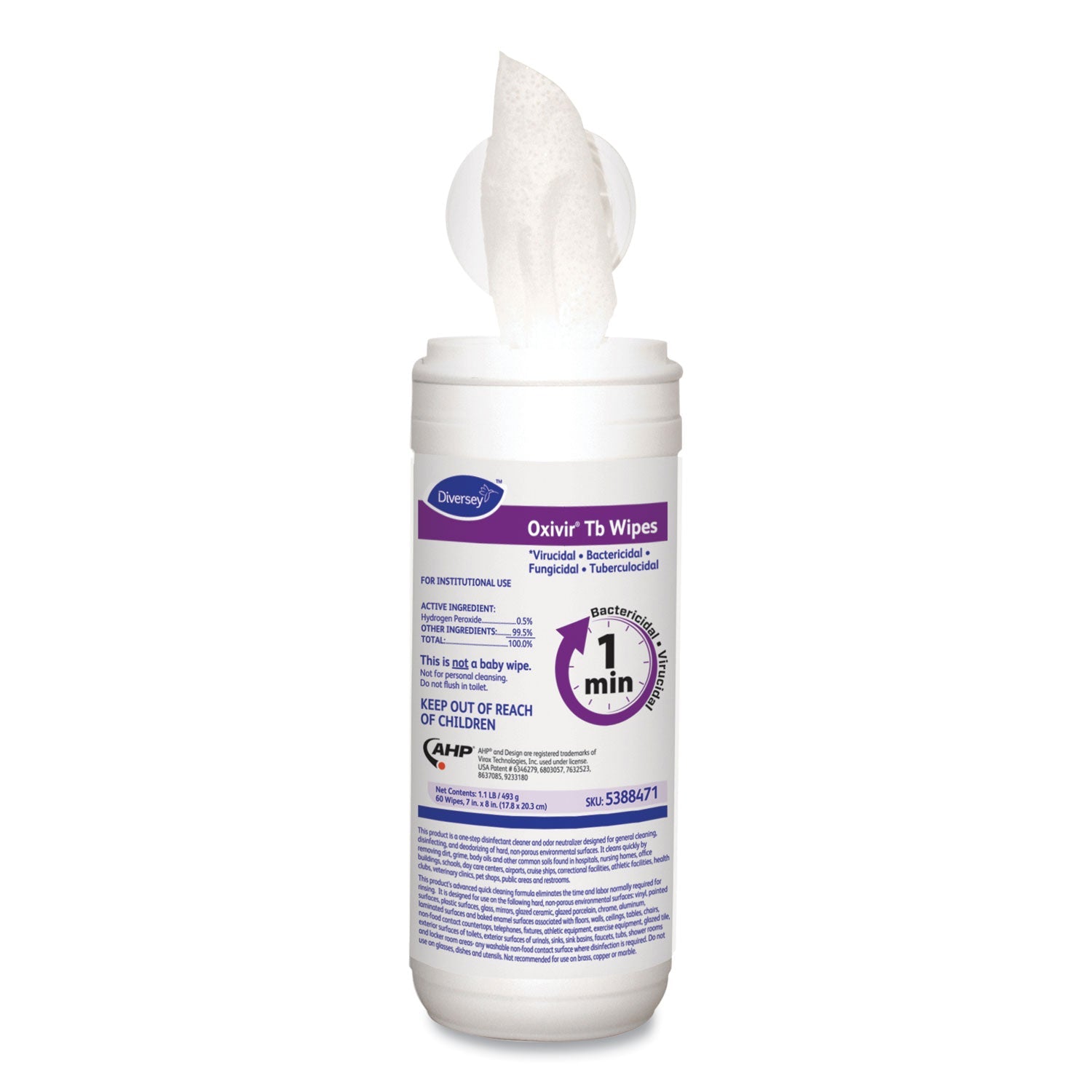 Diversey™ Oxivir TB Disinfectant Wipes, 7 x 6, White, 60/Canister, 12 Canisters/Carton