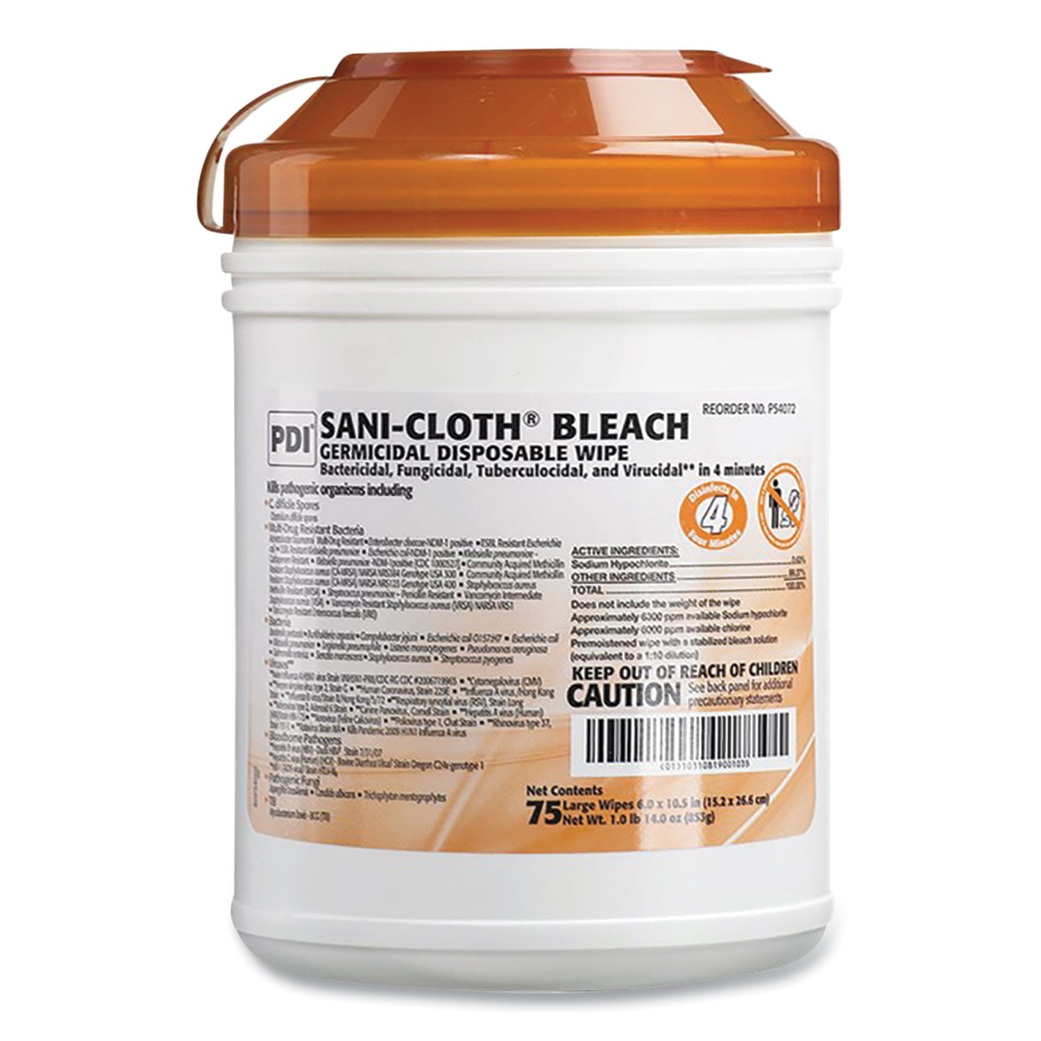 Sani Professional® Sani-Cloth Bleach Germicidal Disposable Wipes, Deep-Well Lid Canister, 10.5 X 6, 75/canister