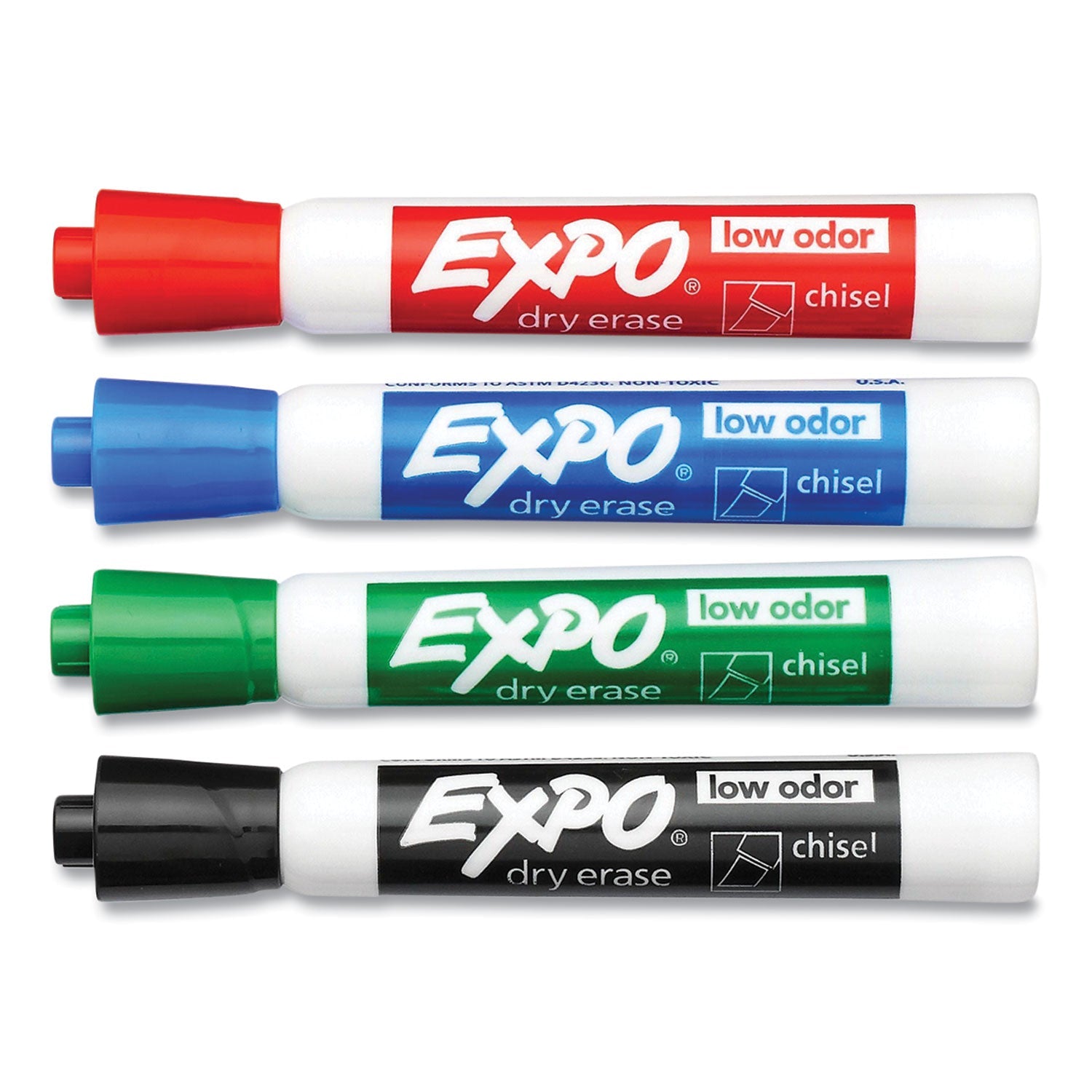 EXPO® LOW-ODOR DRY-ERASE MARKER, PEGGABLE CARD, BROAD CHISEL TIP, ASSORTED COLORS, 4/PACK