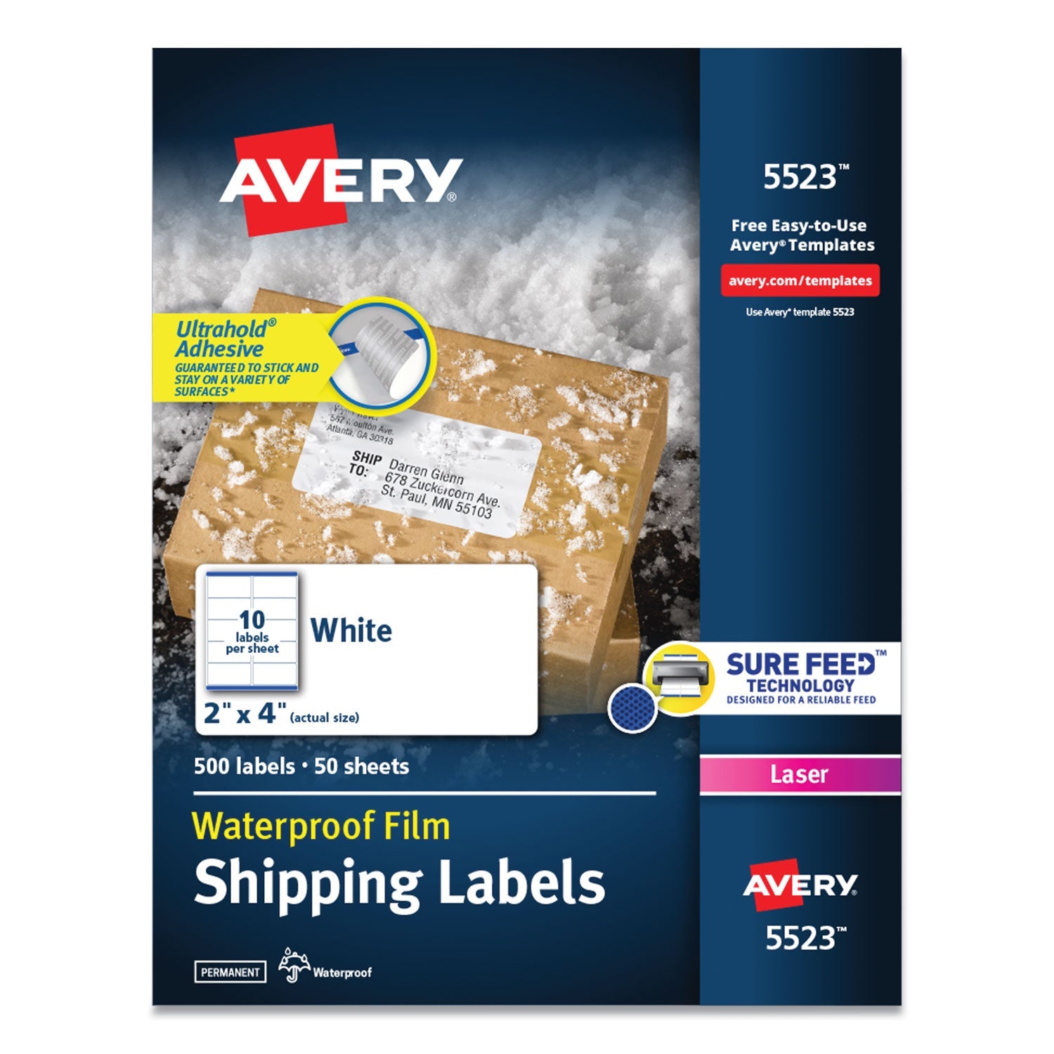 Avery® Waterproof Shipping Labels With Trueblock And Sure Feed, Laser Printers, 2 X 4, White, 10/sheet, 50 Sheets/pack