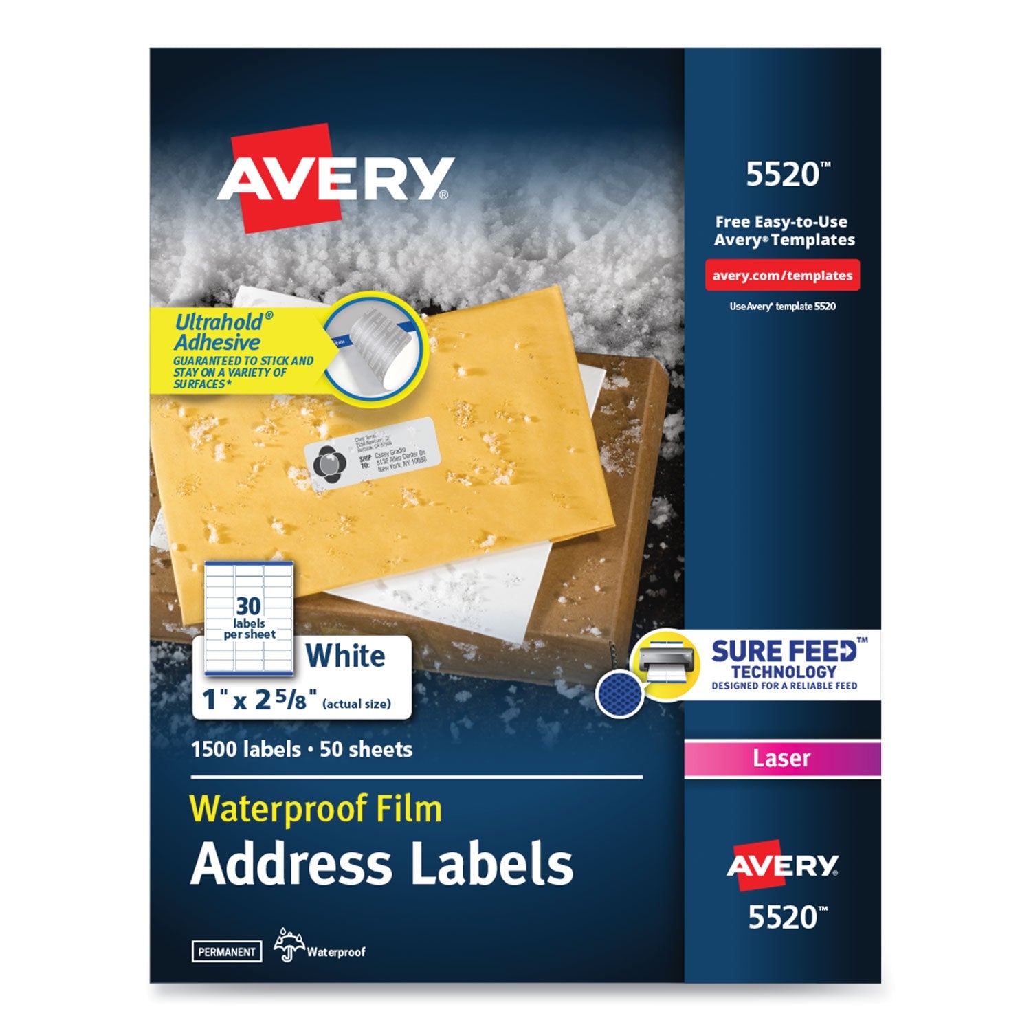 Avery® Waterproof Address Labels With Trueblock And Sure Feed, Laser Printers, 1 X 2.63, White, 30/sheet, 50 Sheets/pack