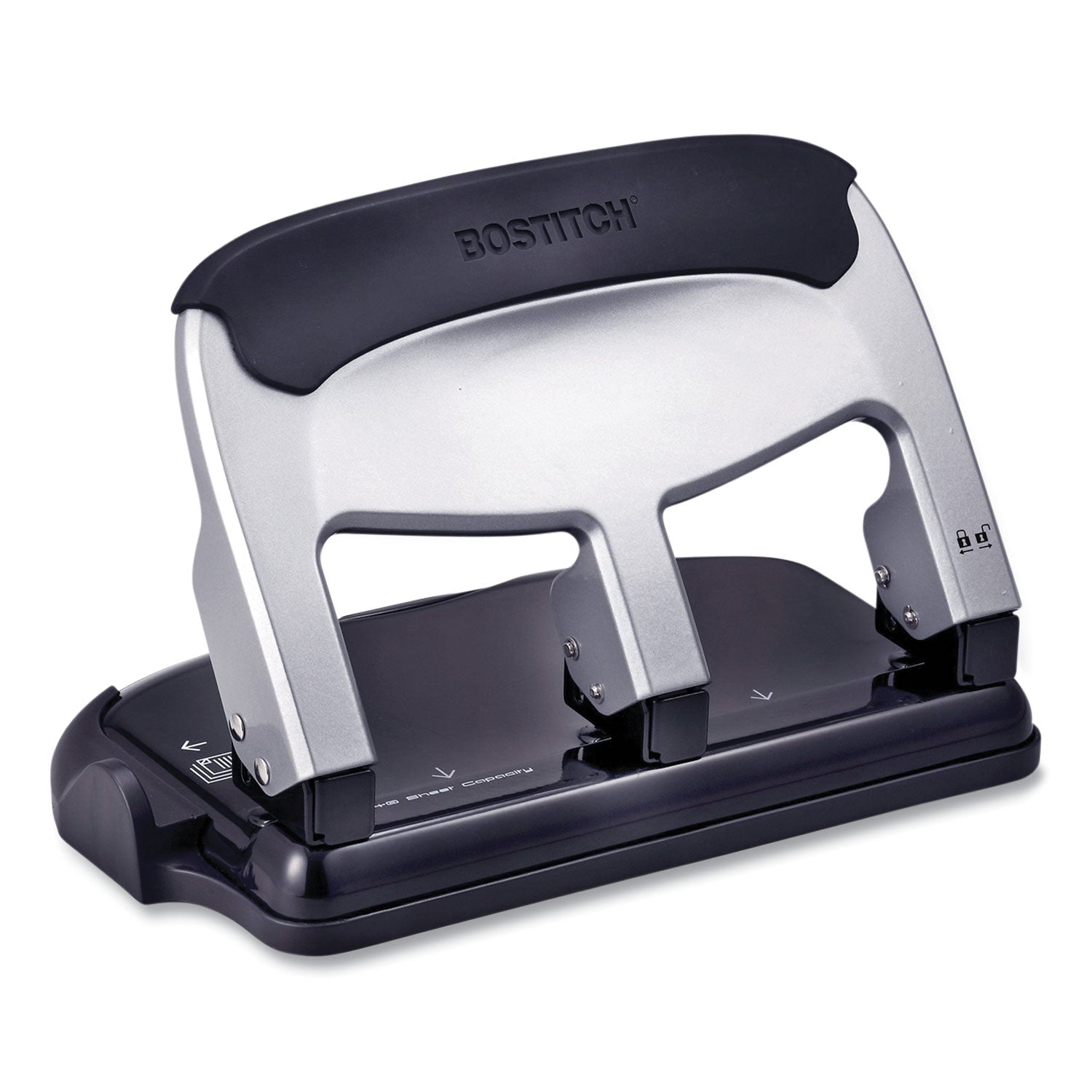 Bostitch® 40-Sheet Ez Squeeze Three-Hole Punch, 9/32" Hole, Silver/Black