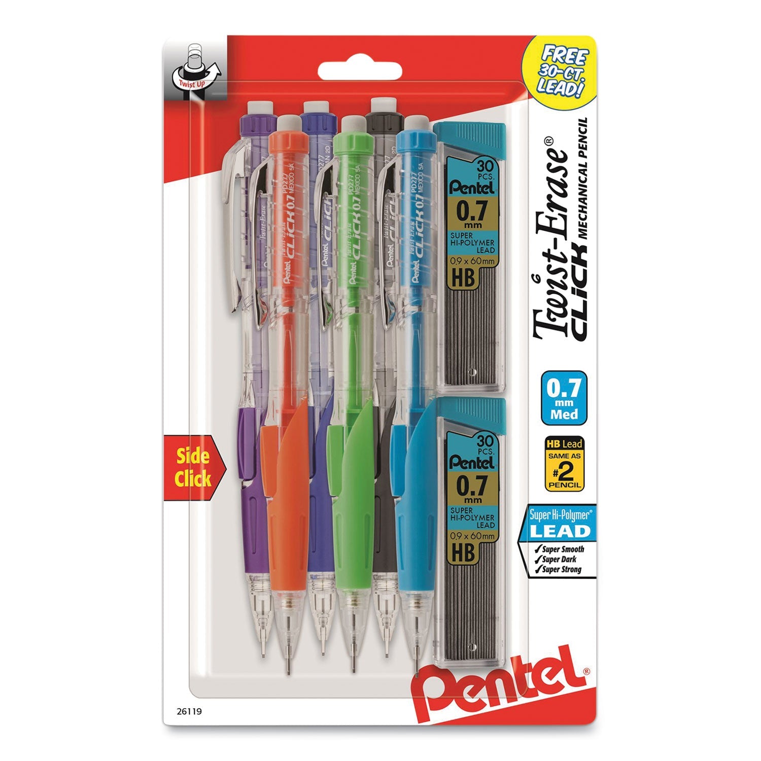 Pentel® Twist-Erase CLICK Mechanical Pencil, 0.7 mm, HB (#2), Black Lead, Assorted Barrel Colors, 6/Pack