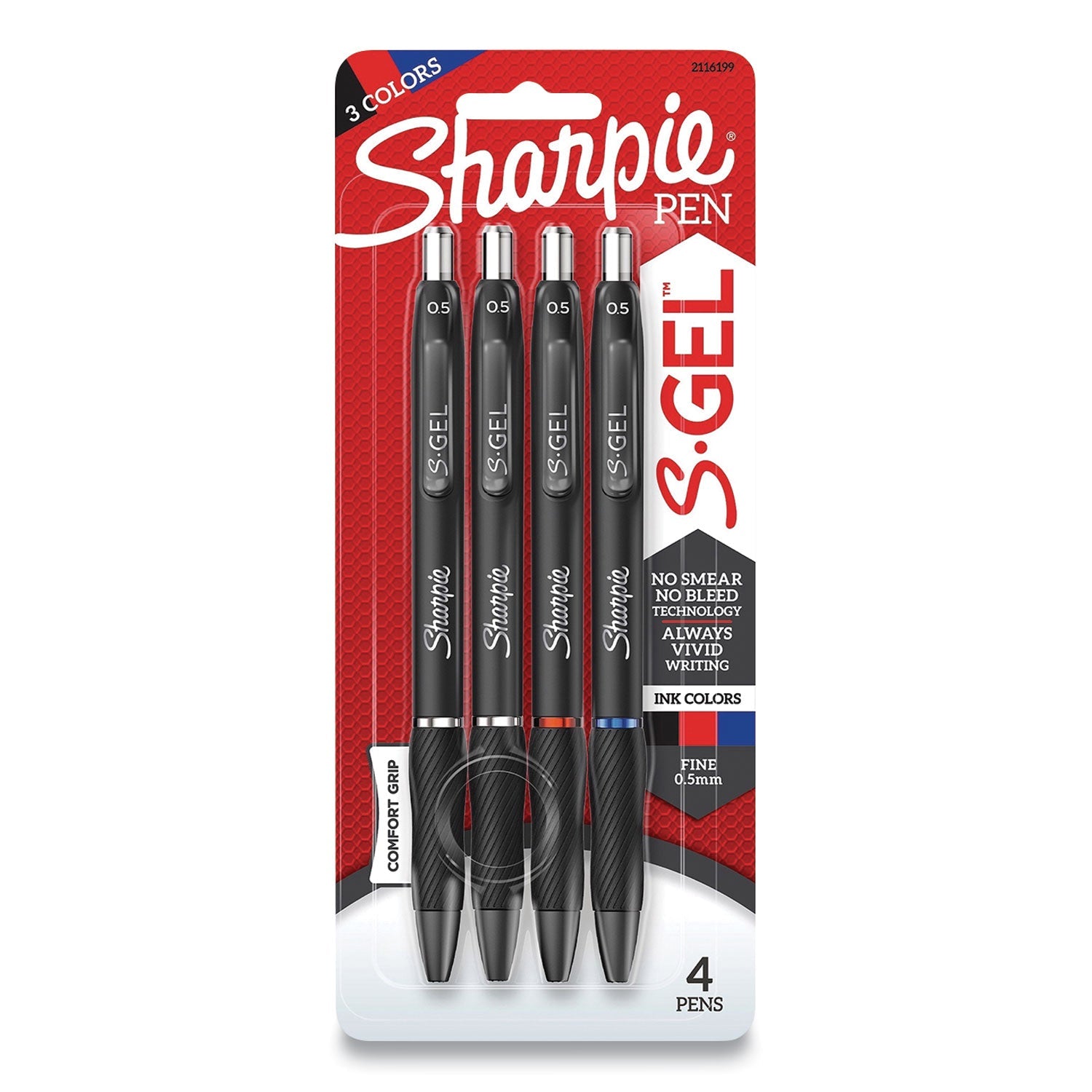 Sharpie® S-Gel™ S-GEL HIGH-PERFORMANCE GEL PEN, RETRACTABLE, FINE 0.5 MM, ASSORTED INK COLORS, BLACK BARREL, 4/PACK