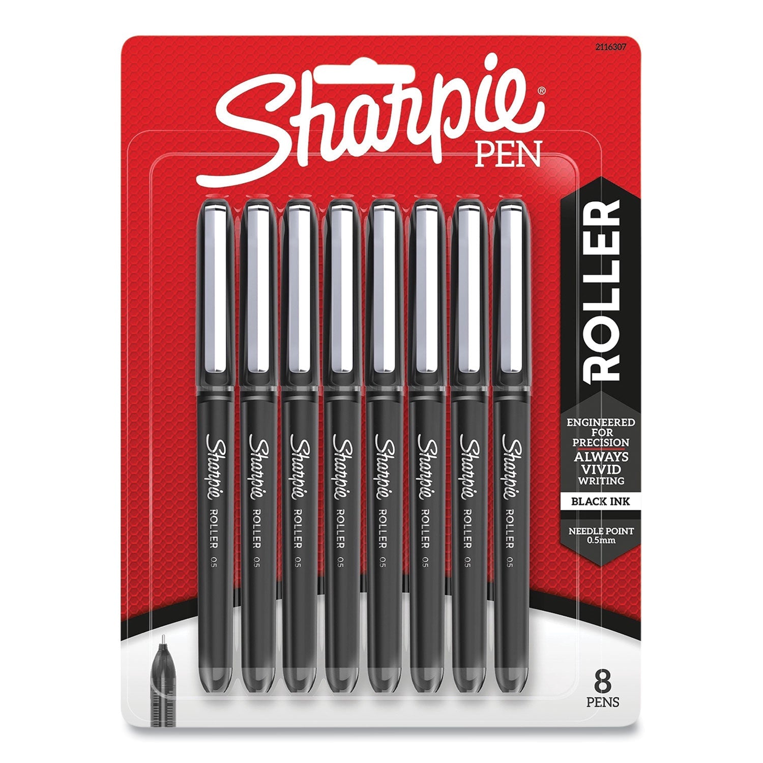 Sharpie® Roller Professional Design Rollerball Pen, Stick, Fine 0.5 mm, Black Ink, Black Barrel, 8/Pack