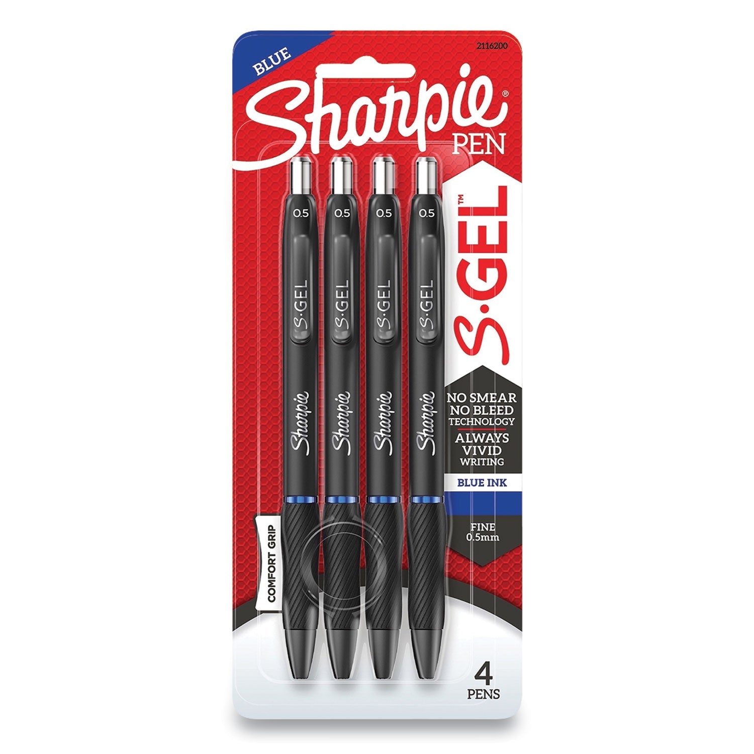 Sharpie® S-Gel™ S-GEL HIGH-PERFORMANCE GEL PEN, RETRACTABLE, FINE 0.5 MM, BLUE INK, BLACK BARREL, 4/PACK