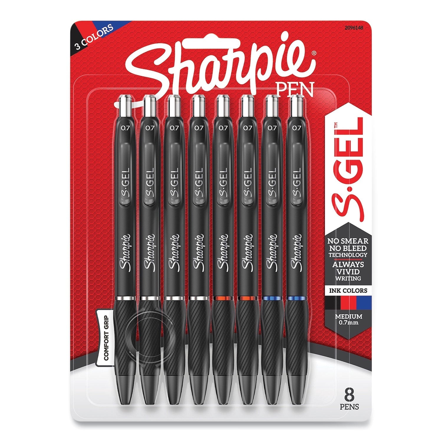 Sharpie® S-Gel™ S-Gel High-Performance Gel Pen, Retractable, Medium 0.7 mm, Assorted Ink Colors, Black Barrel, 8/Pack