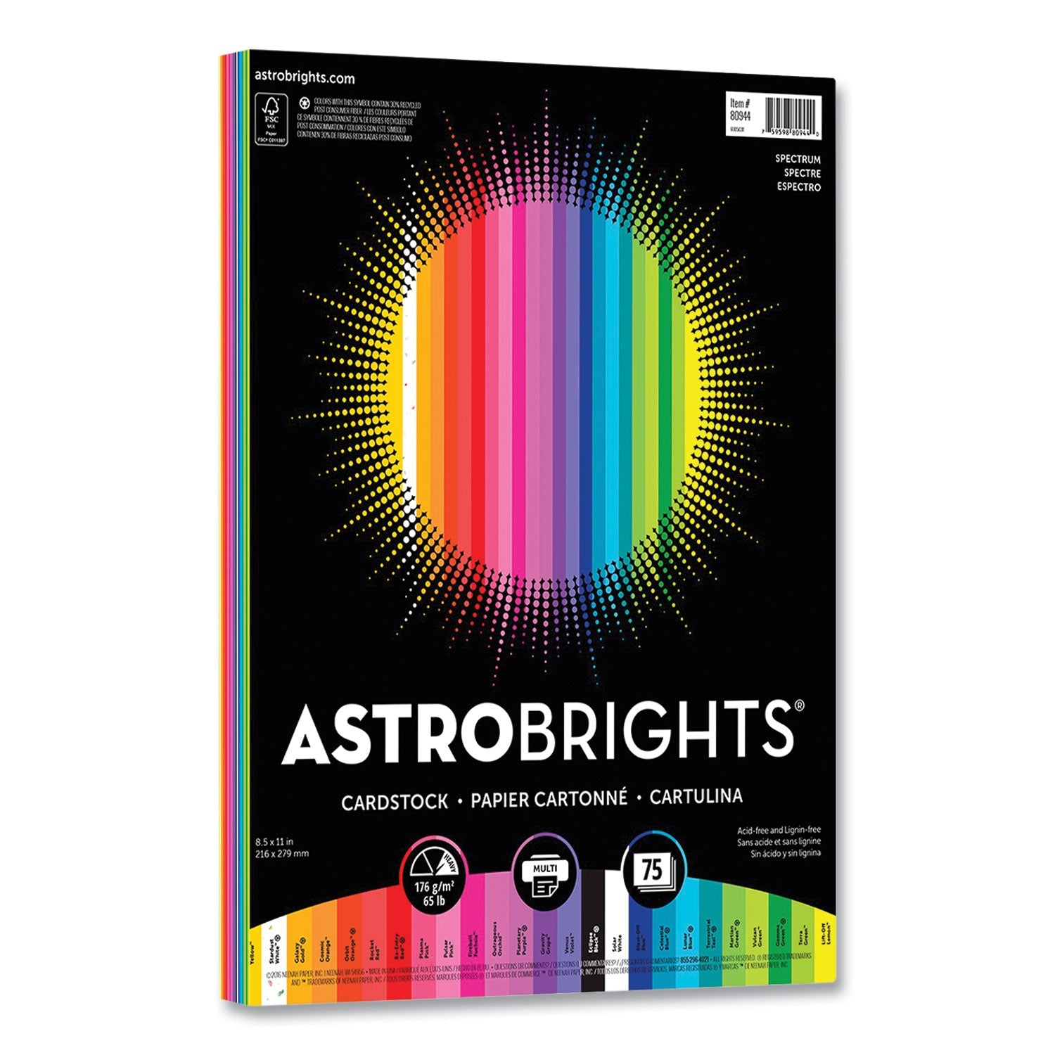 Astrobrights® Color Cardstock, 65 lb Cover Weight, 8.5 x 11, Assorted Spectrum Colors, 75/Pack