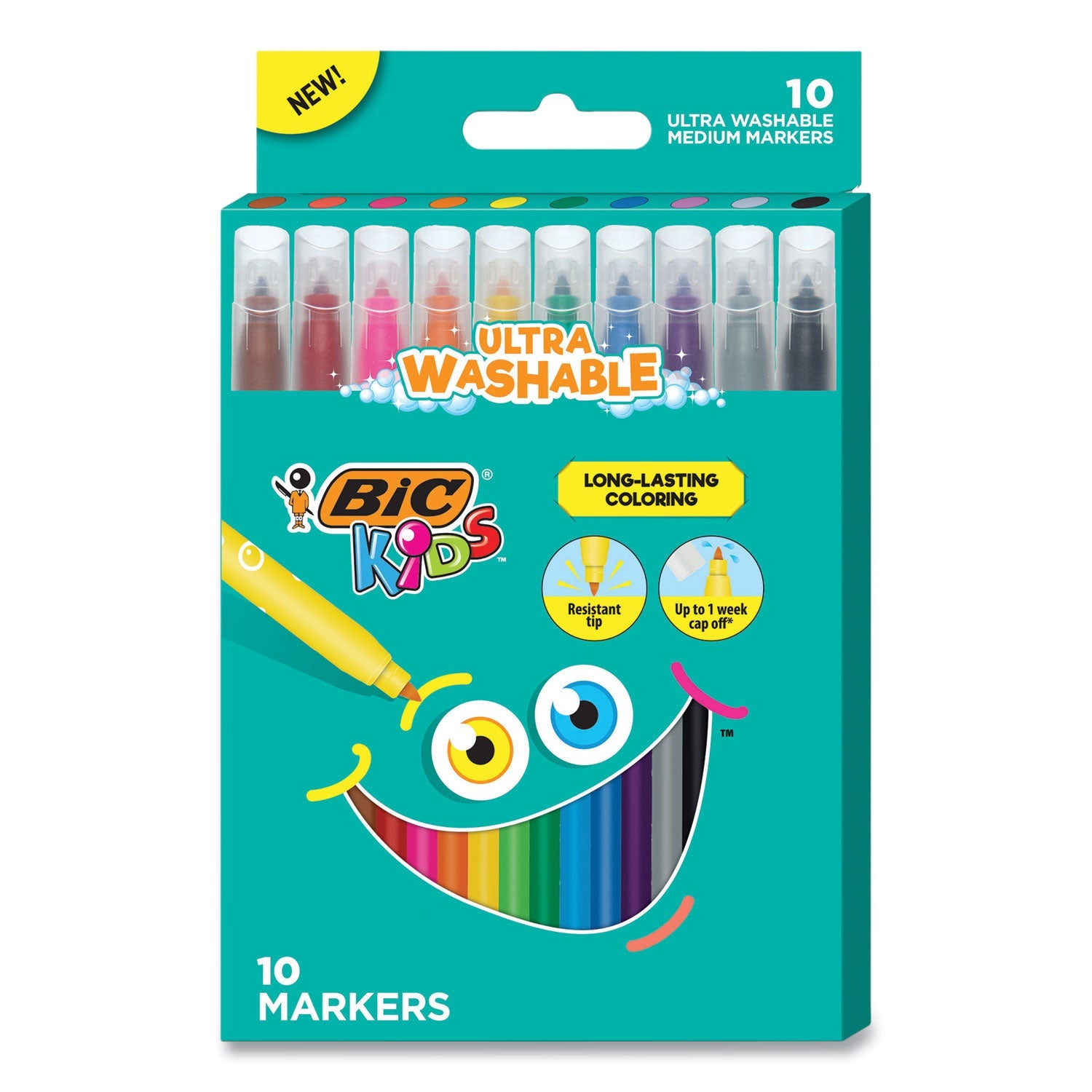BIC® Kids Ultra Washable Markers, Medium Bullet Tip, Assorted Colors, 10/pack