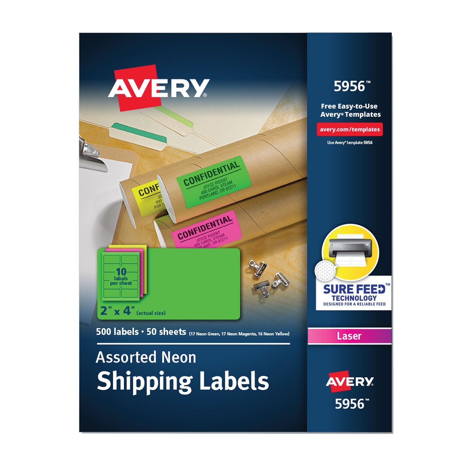 Avery® High-Visibility Permanent Laser ID Labels, 2 x 4, Neon Assorted, 500/Pack