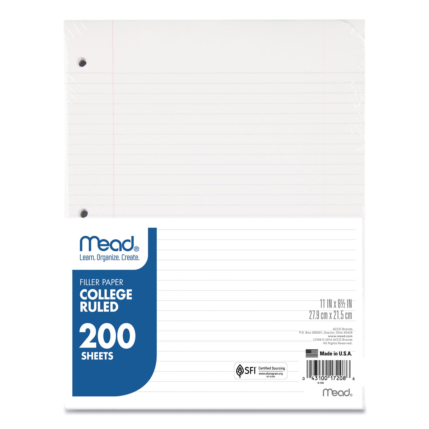 Mead® Filler Paper, 3-Hole, 8.5 X 11, College Rule, 200/pack