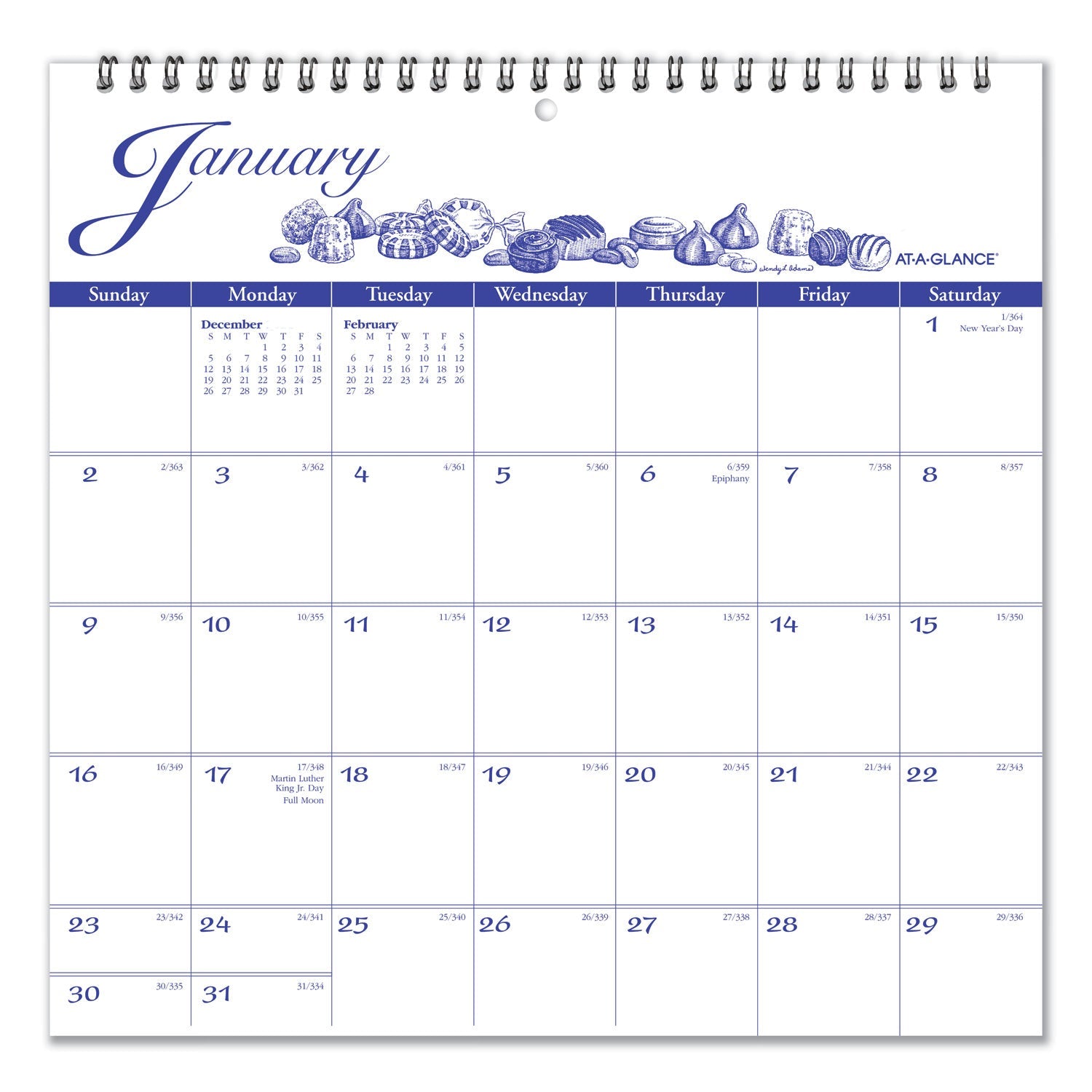 AT-A-GLANCE® Illustrator's Edition Wall Calendar, Victorian Illustrations Artwork, 12 x 12, White/Blue Sheets, 12-Month (Jan to Dec): 2025