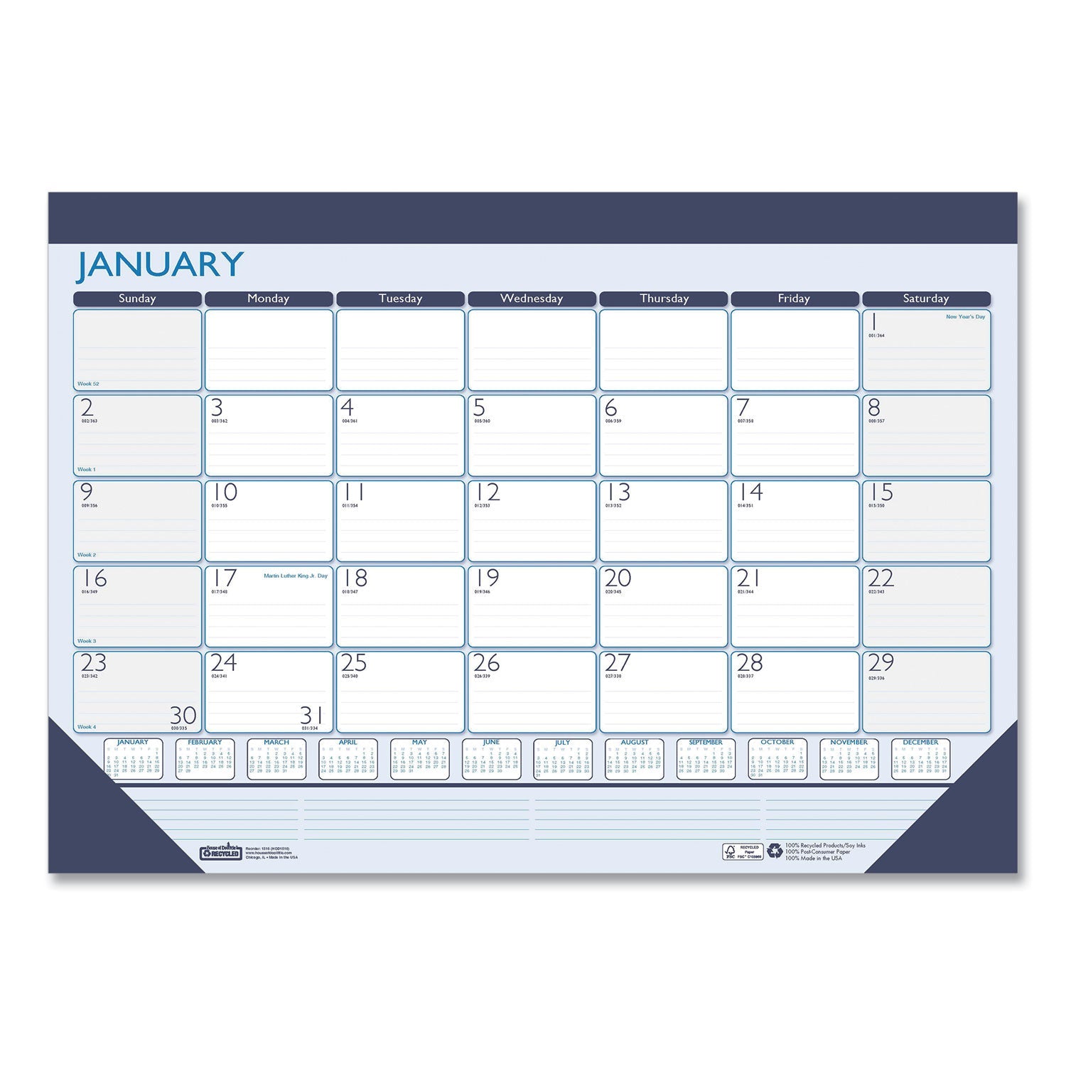 House of Doolittle™ Recycled Contempo Desk Pad Calendar, 22 x 17, White/Blue Sheets, Blue Binding, Blue Corners, 12-Month (Jan to Dec): 2025 - Bloom Skins