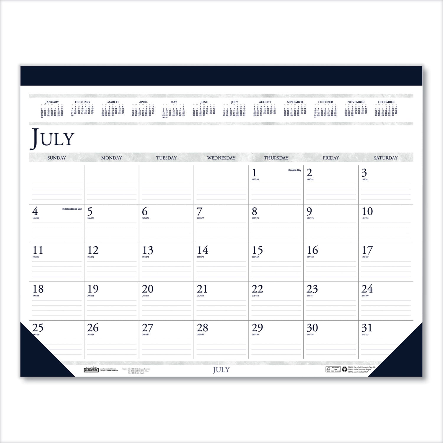 House of Doolittle™ Recycled Academic Desk Pad Calendar, 18.5 x 13, White/Blue Sheets, Blue Binding/Corners, 14-Month (July to Aug): 2024 to 2025