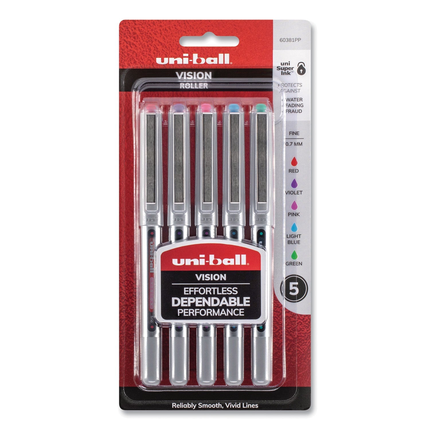 uniball® VISION Rollerball Pen, Stick, Fine 0.7 mm, Assorted Ink and Barrel Colors, 5/Pack