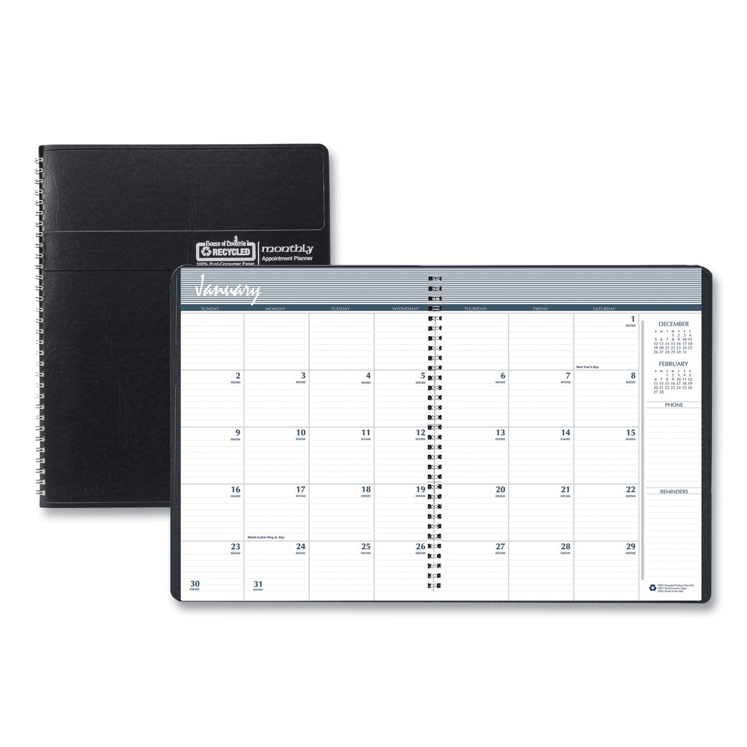 House of Doolittle™ 14-Month Recycled Ruled Monthly Planner, 11 x 8.5, Black Cover, 14-Month: Dec 2024 to Jan 2026