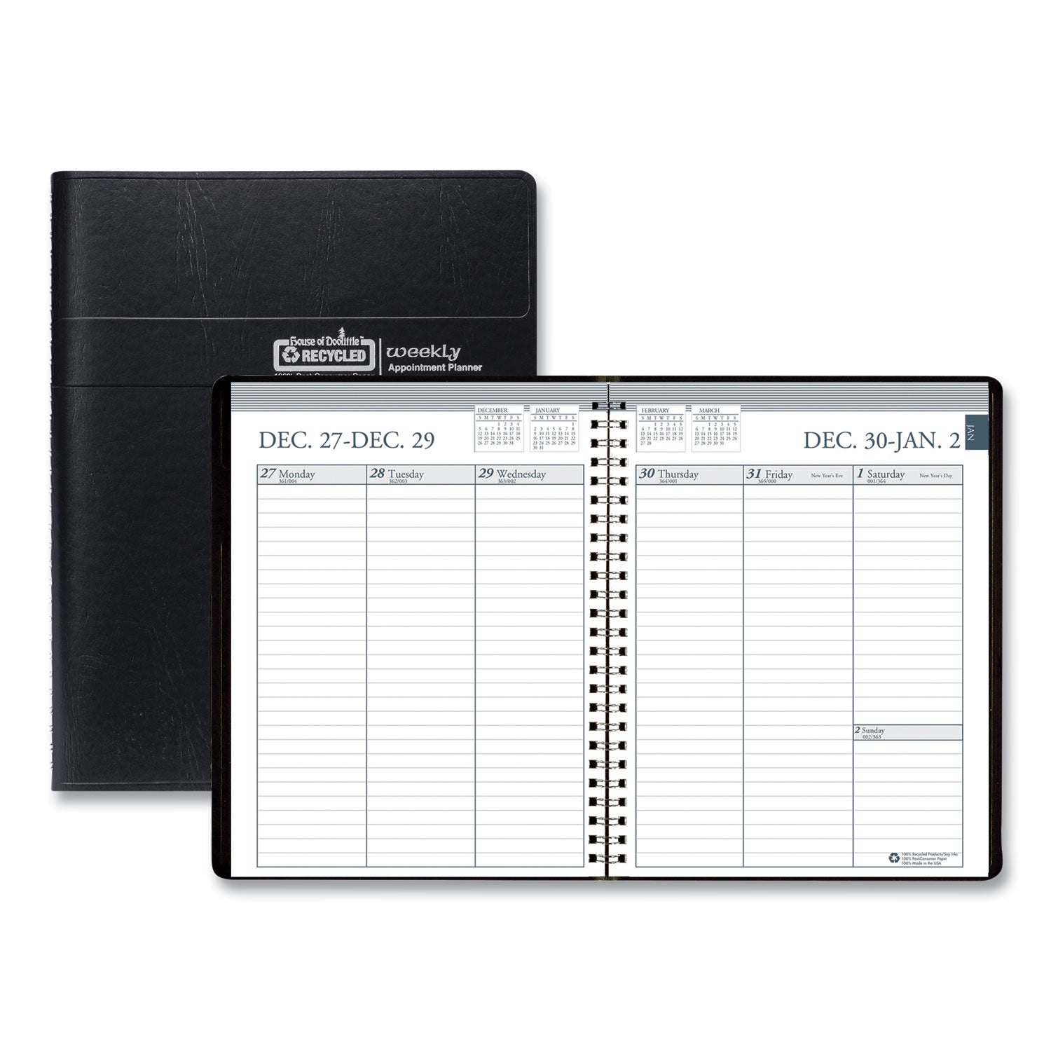 House of Doolittle™ Recycled Weekly Appointment Book Ruled without Appointment Times, 8.75 x 6.88, Black Cover, 12-Month (Jan to Dec): 2025