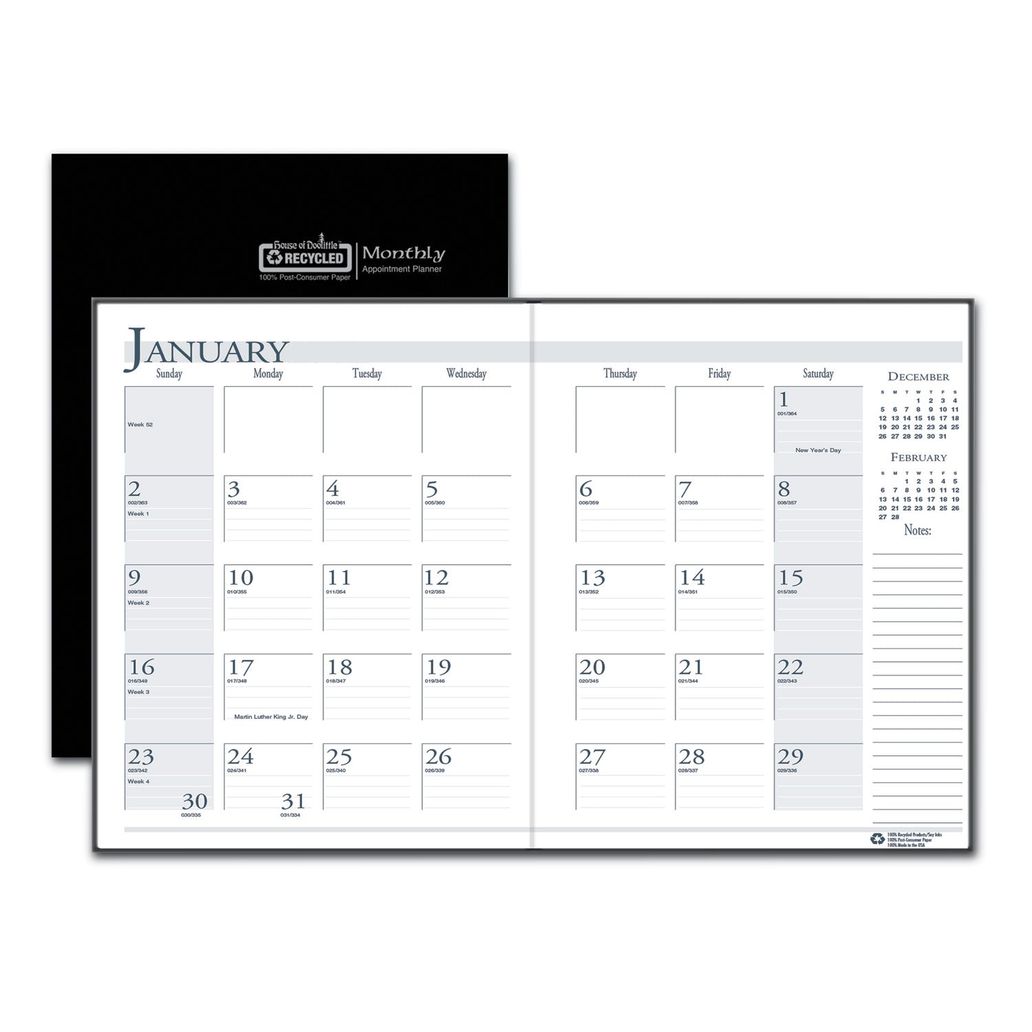 House of Doolittle™ Recycled Ruled 14-Month Planner with Leatherette Cover, 10 x 7, Black Cover, 14-Month: Dec 2024 to Jan 2026