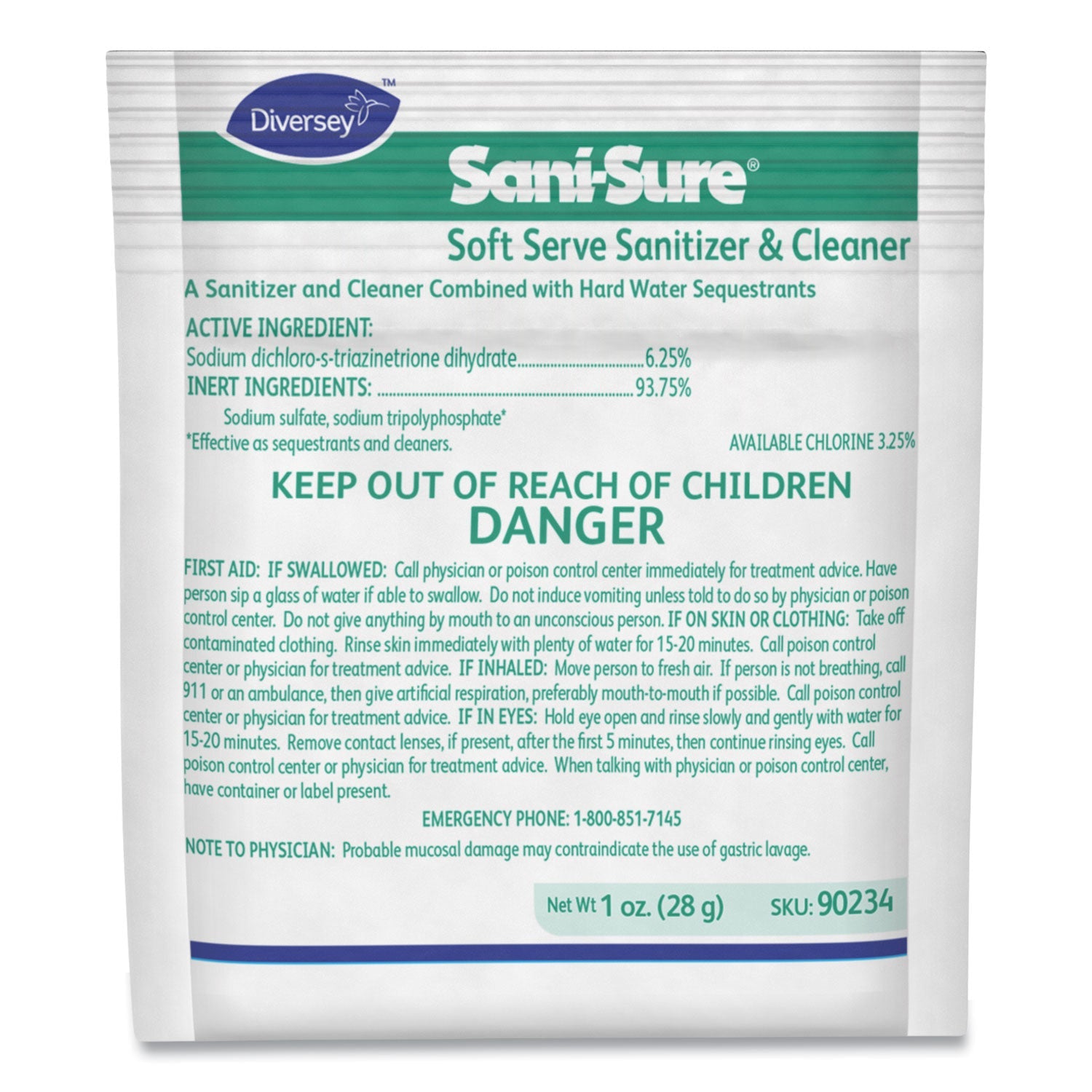 Diversey™ Sani Sure Soft Serve Sanitizer and Cleaner, Powder, 1 oz Packet, 100/Carton
