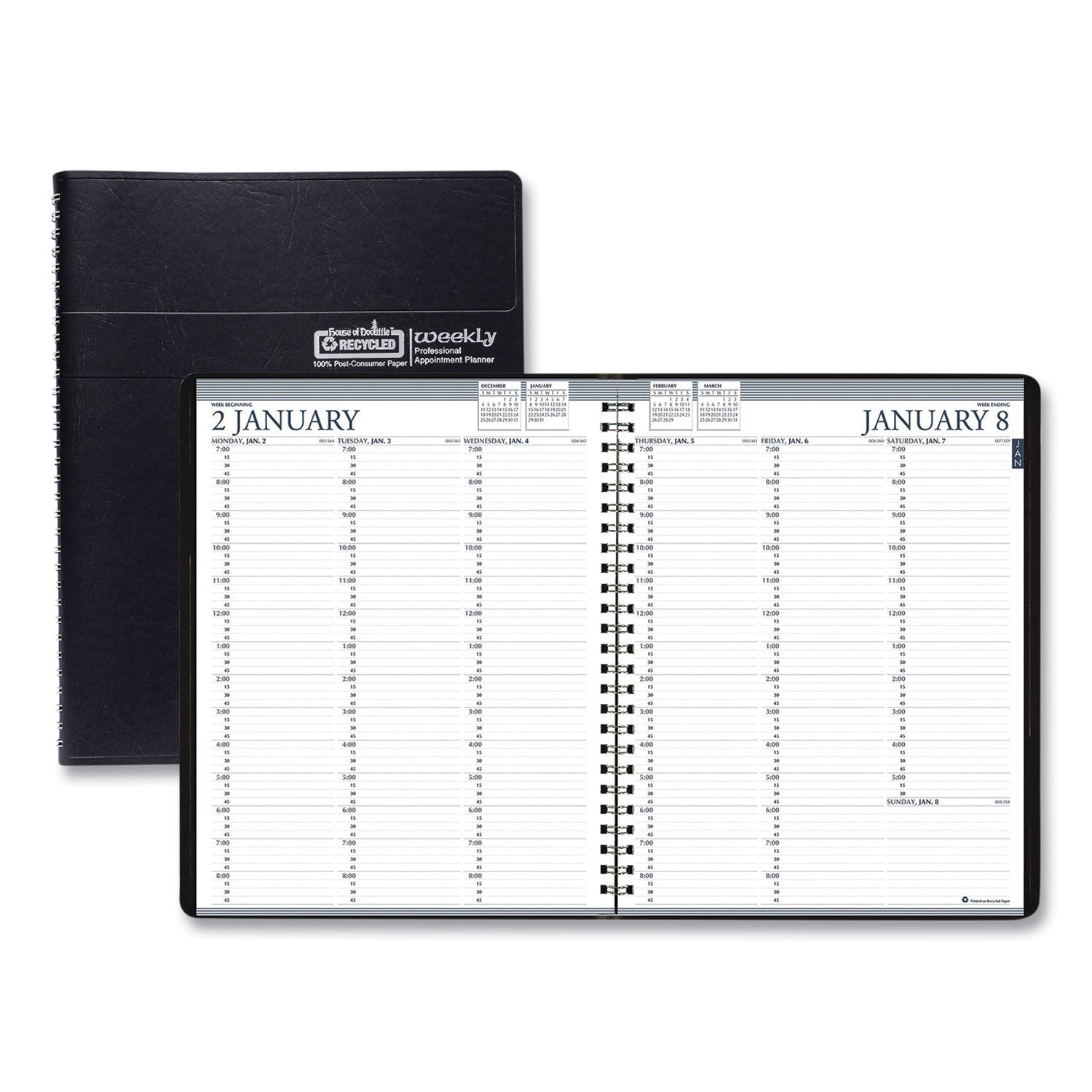 House of Doolittle™ Recycled Professional Weekly Planner, 15-Minute Appts, 11 x 8.5, Black Wirebound Soft Cover, 12-Month (Jan to Dec): 2025 - Bloom Skins