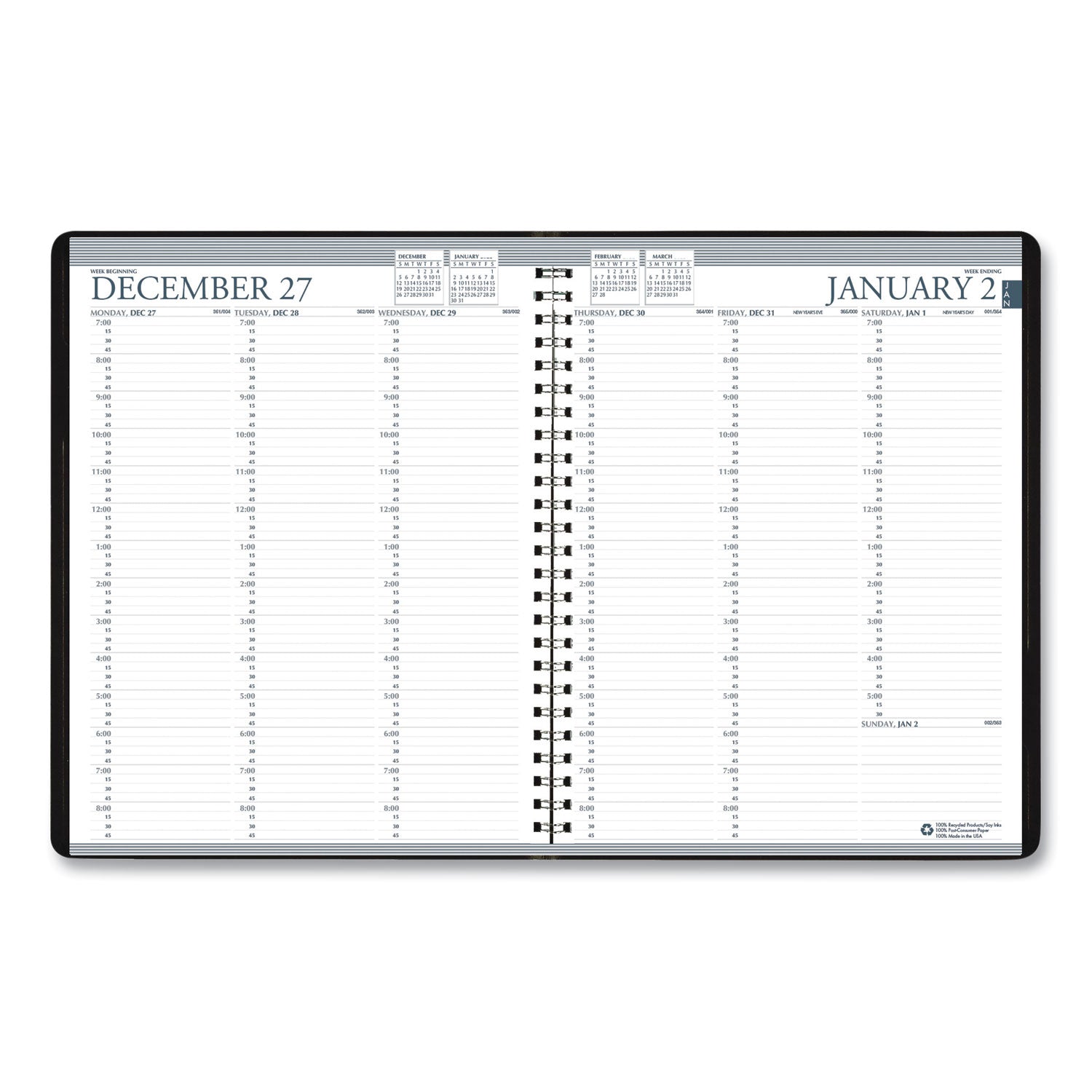 House of Doolittle™ Recycled Professional Weekly Planner, 15-Minute Appts, 11 x 8.5, Black Wirebound Soft Cover, 12-Month (Jan to Dec): 2025 - Bloom Skins
