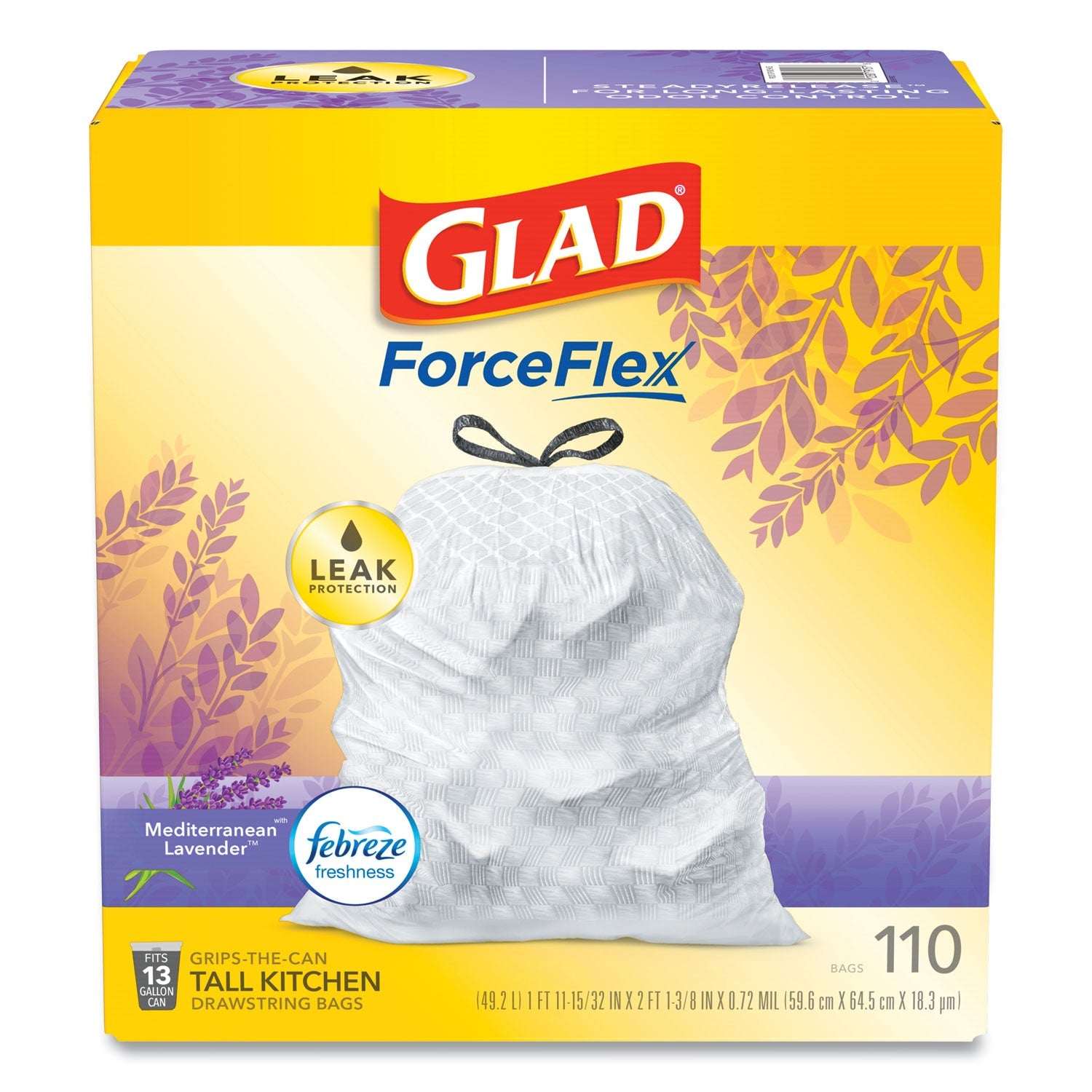 Glad® Glad OdorShield with Febreze, Drawstring, 13 gal, Mediterranean Lavender Scent, 10.18" x 9.81", White, 110/Box - Bloom Skins