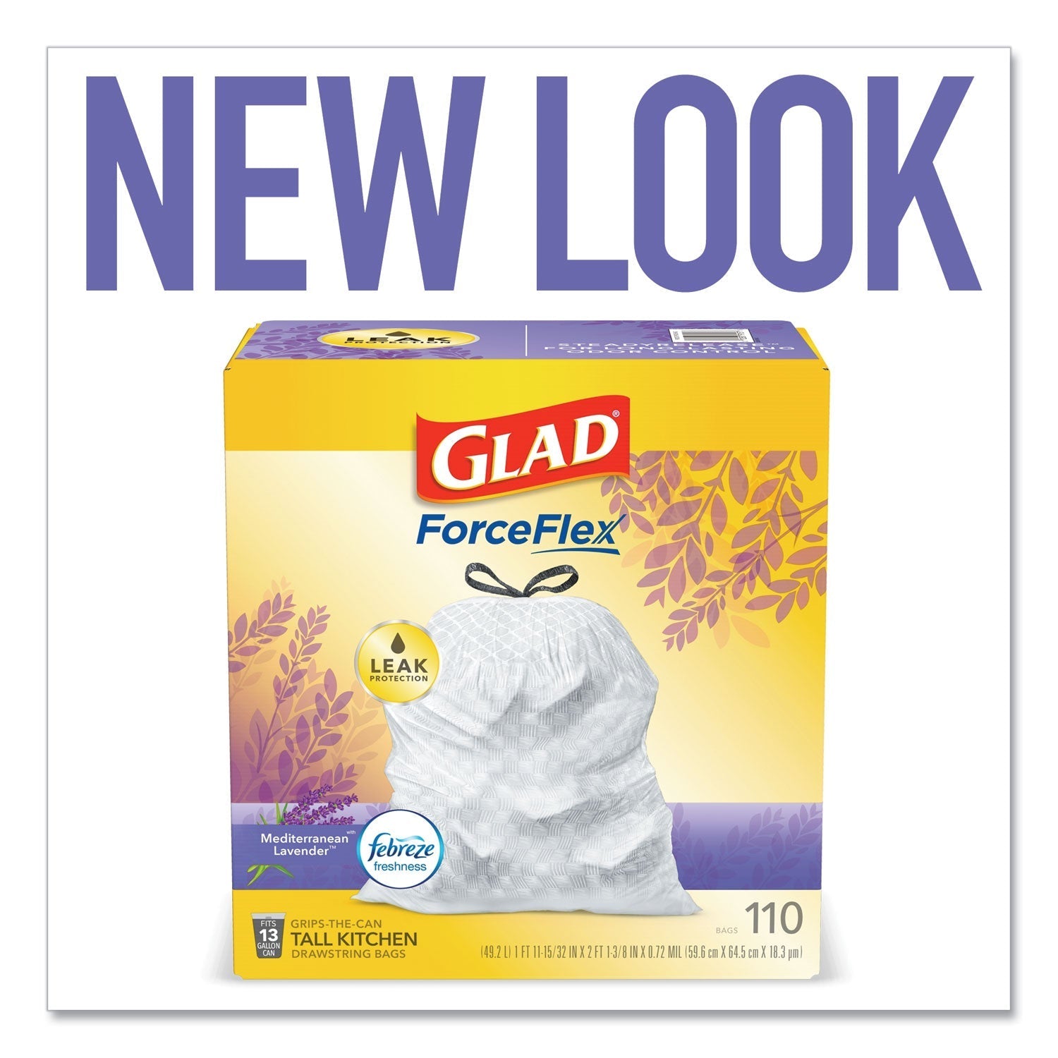 Glad® Glad OdorShield with Febreze, Drawstring, 13 gal, Mediterranean Lavender Scent, 10.18" x 9.81", White, 110/Box - Bloom Skins