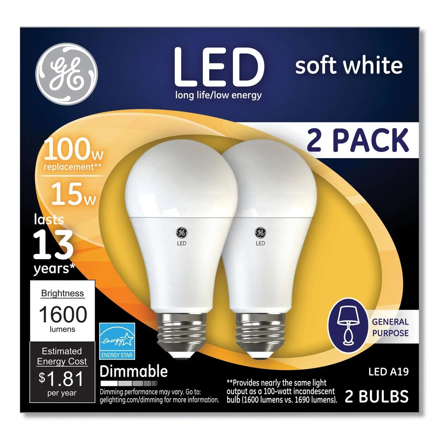 GE 100W LED Bulbs, A19, 15 W, Soft White, 2/Pack