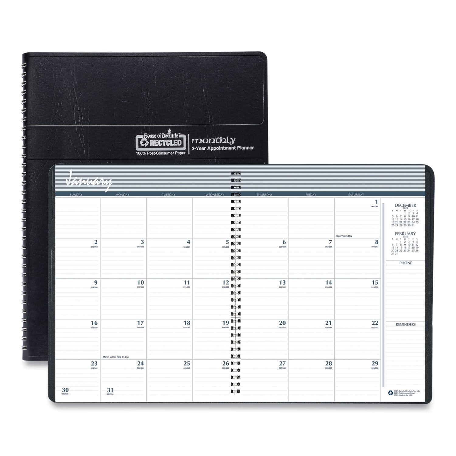 House of Doolittle™ 24-Month Recycled Ruled Monthly Planner, 11 x 8.5, Black Cover, 24-Month: Jan 2025 to Dec 2026