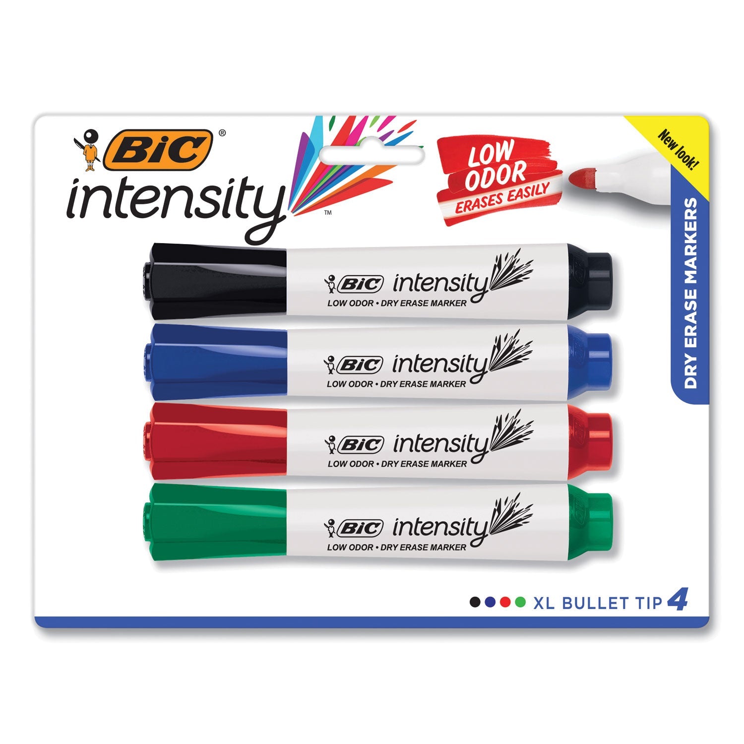 BIC® Intensity Bold Tank-Style Dry Erase Marker, Extra-Broad Bullet Tip, Assorted Colors, 4/set